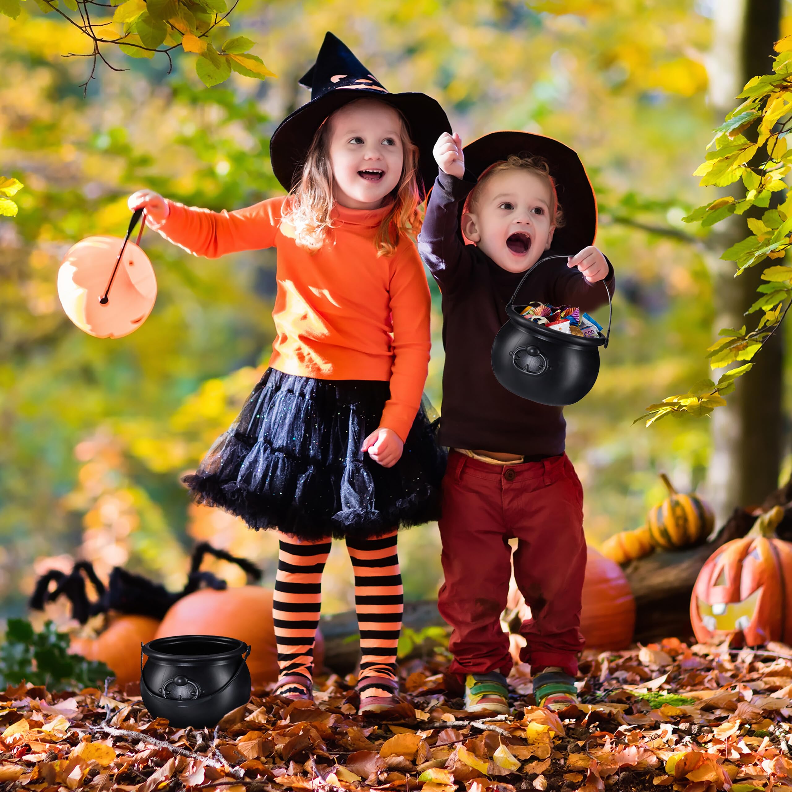 Relaxdays Calderone da Strega, Set da 2 Pentoloni Magici per Caramelle, Costume Halloween, Plastica, HxD: 13x19 cm, Nero
