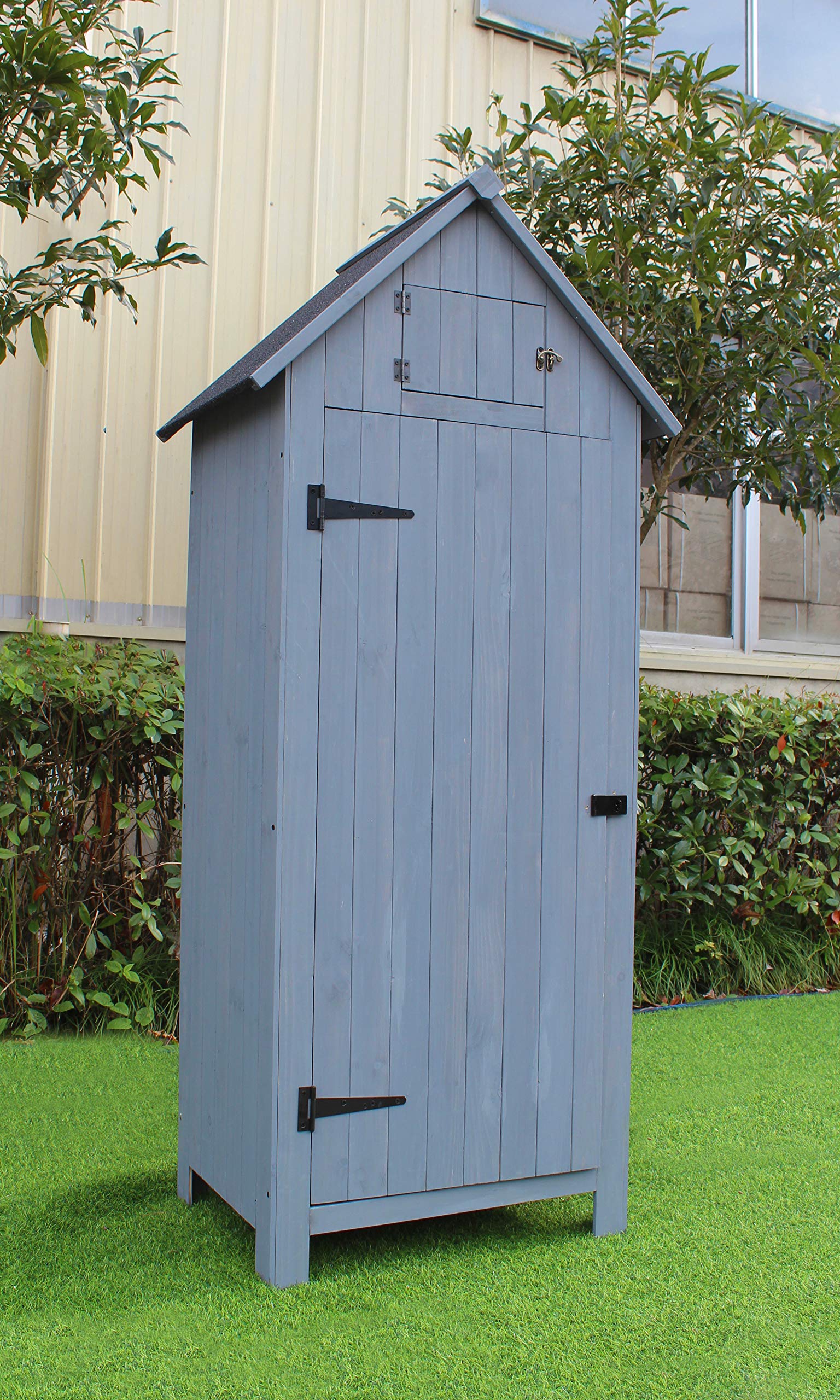 Outdoor Wooden Storage Shed with Pitched Roof, 3 Shelves and Locking Latch in Gray 2.5 Ft. W x 1.7 Ft. D x 5.8 Ft. H