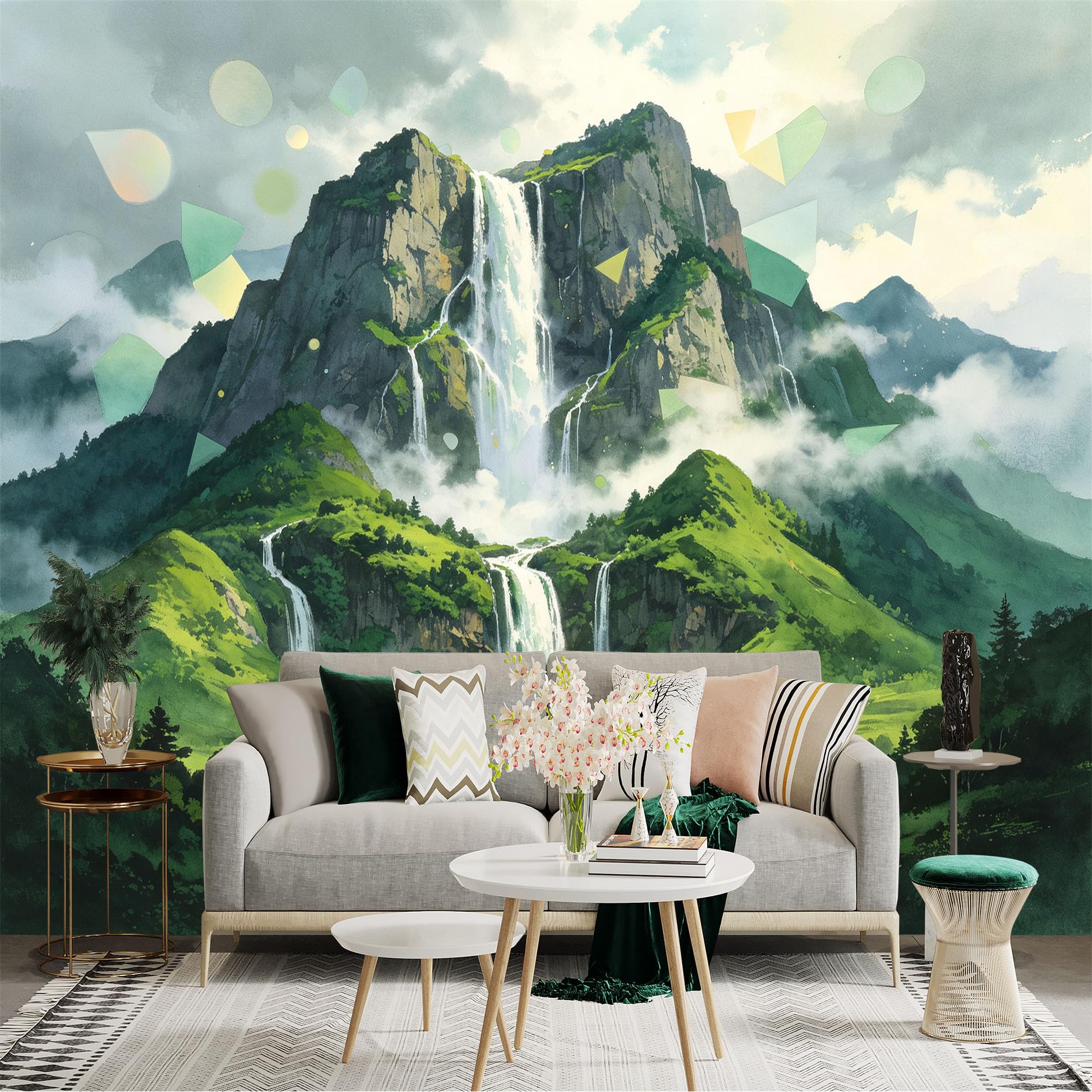 Custom Size Wall Sticker Mural， Majestic Waterfall and Green Mountain Landscape， Misty Peaks with Serene Lake， Abstract Geometric Shapes， for wall Decoration， peelandstick wall Decals.