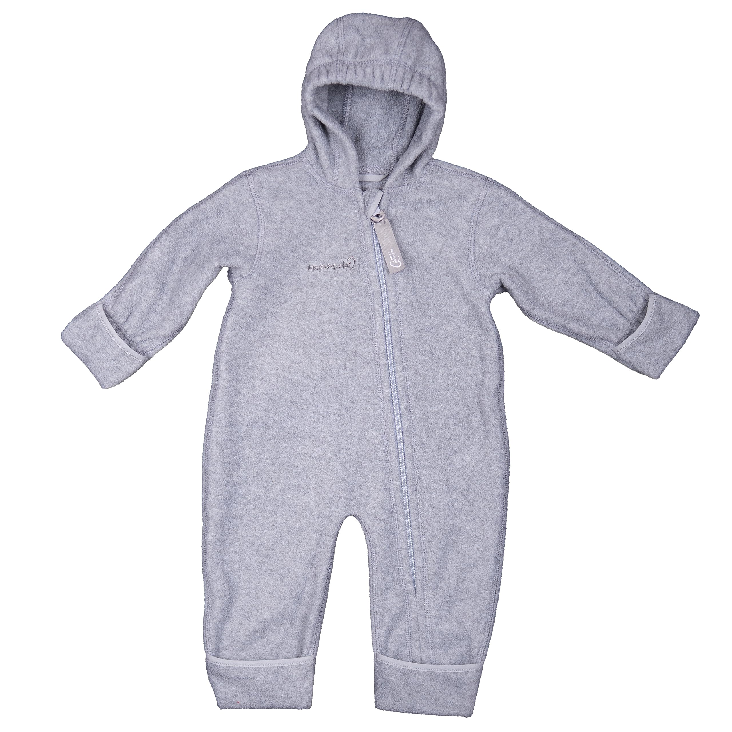 Hoppediz Baby Overall Fleece, stone 92-98 | Wärmender Overall mit extra langen Beinen, mit Daumenloch, Umschlagbündchen an den Füßen, ideal für Babytrage und Tragetuch