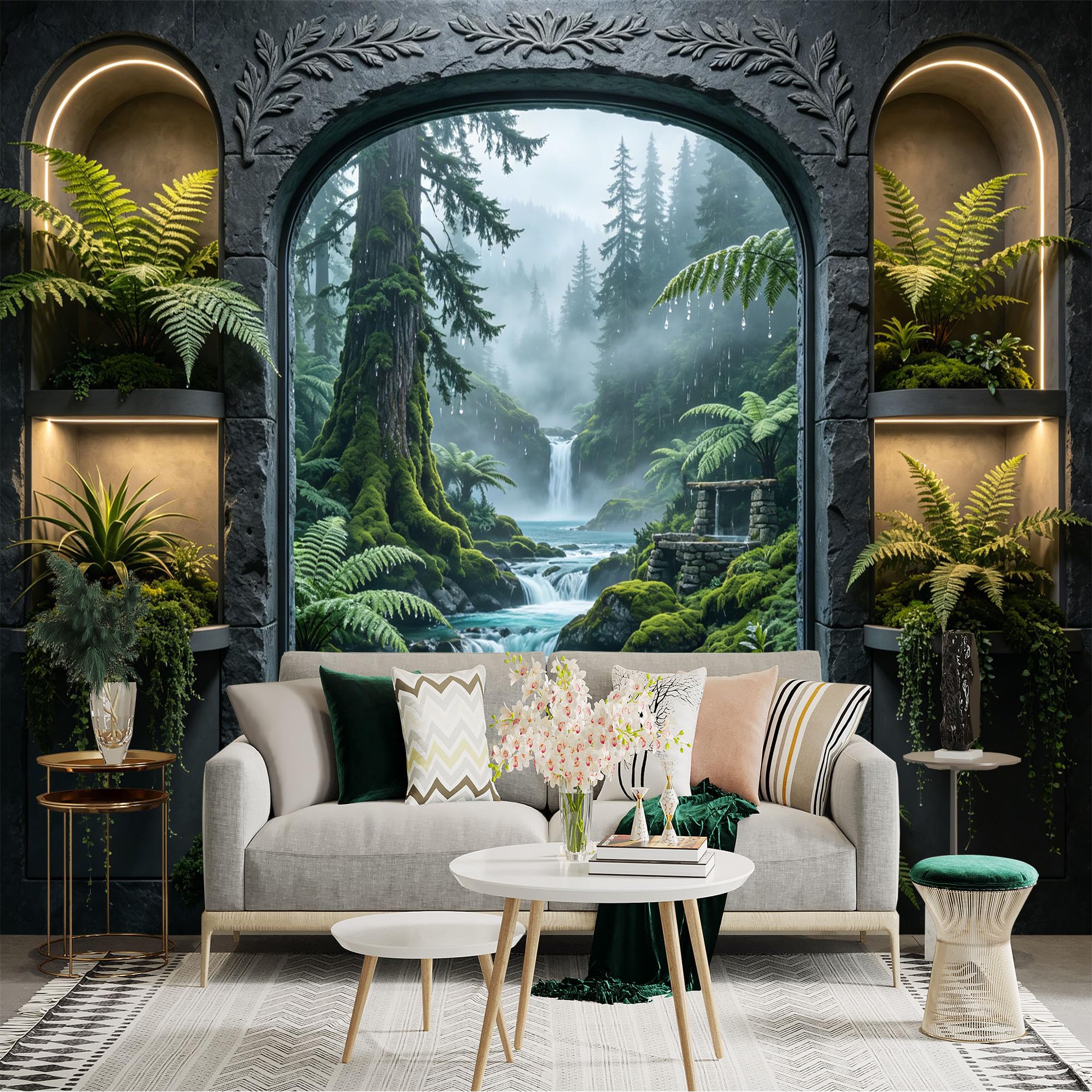 Custom Size Wall Sticker Mural， Lush Green Forest Waterfall with Ferns and Moss， for wall Decoration， peelandstick wall Decals.
