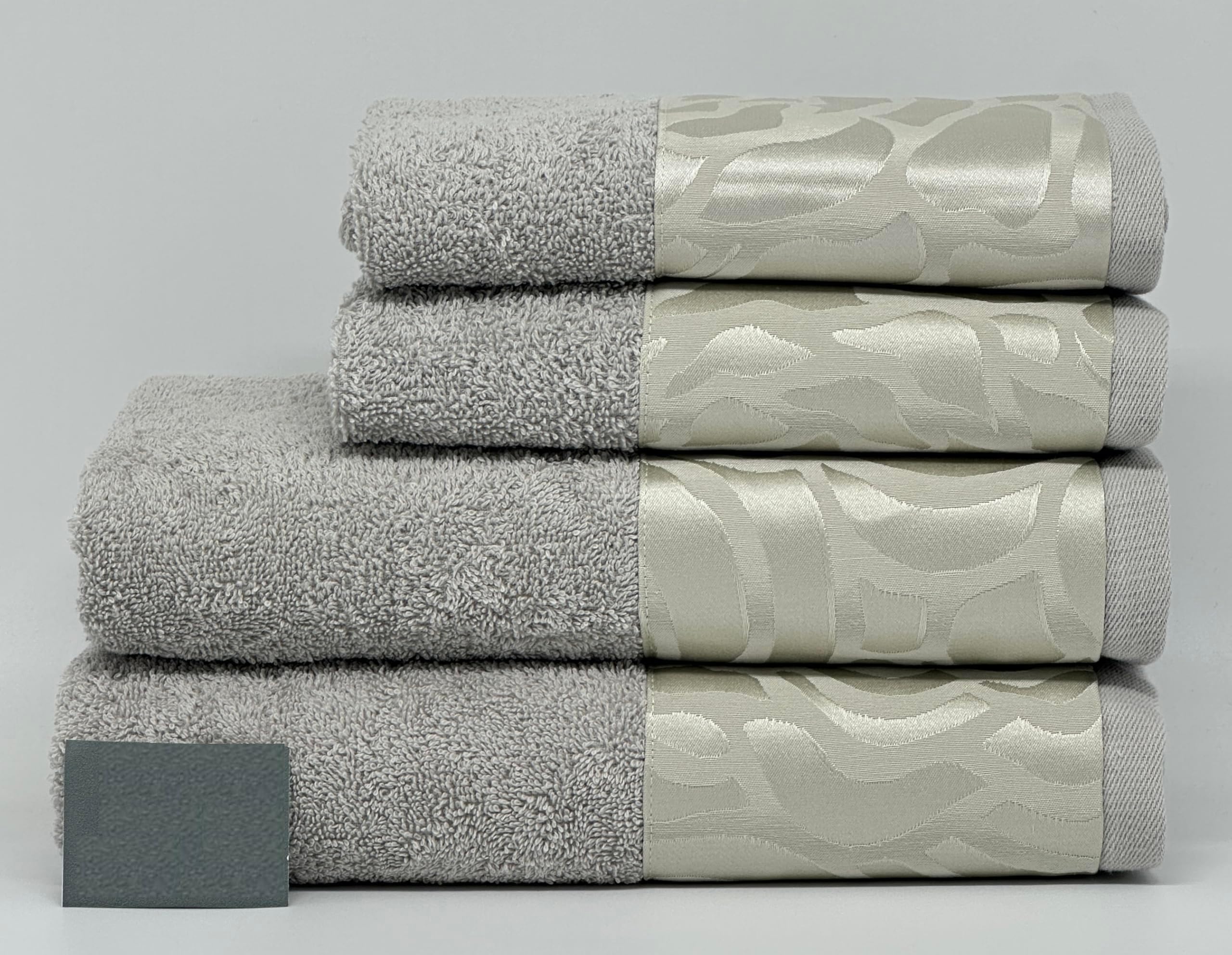 Mahome Set Asciugamani 4 Pezzi 450 Gr/m² 100% Cotone Italiano Artigianale con Balza in Jacquard | Set 2 Viso + 2 Ospite Morbidi Soffici Made in Italy (Dubai Grigio)
