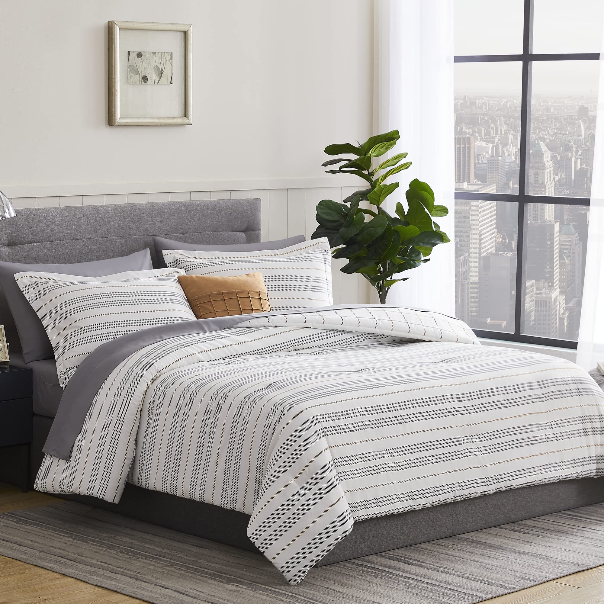 MaiRÃªve White Queen Bed in A Bag, Soft Yellow Grey Stripe/Checkered Comforter Set with Sheets 8 Pieces (Yellow and Grey Double,Queen)