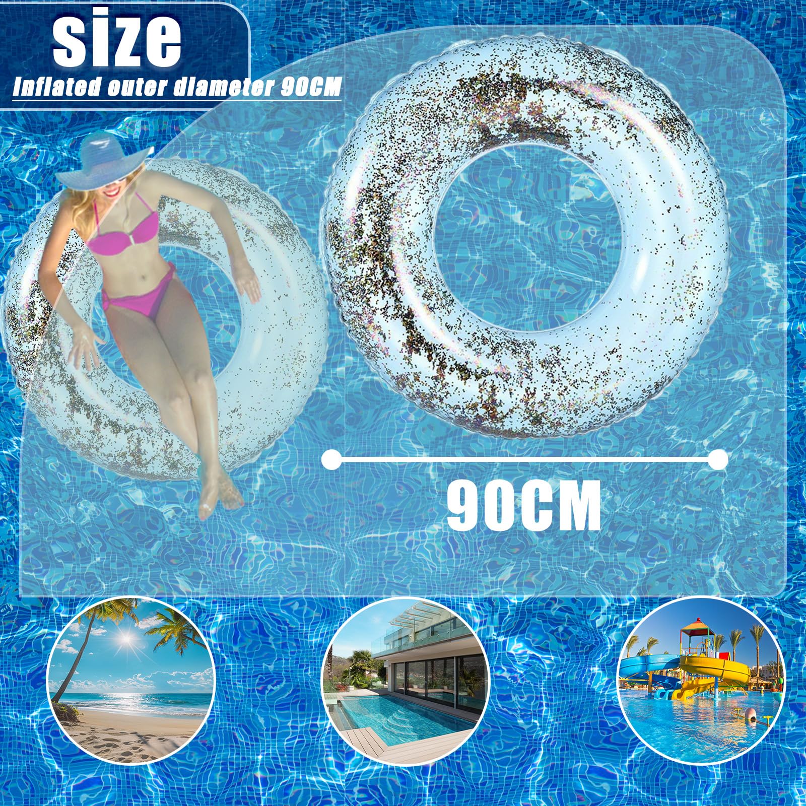 Pool Inflatables Swimming Ring Rubber Rings for Adults Light Blue Sequins Inflatable Pool Water Toys,Inflatable Pool Floats Swim Rings for Women Men Summer Party Beach Water Sport - Image 2
