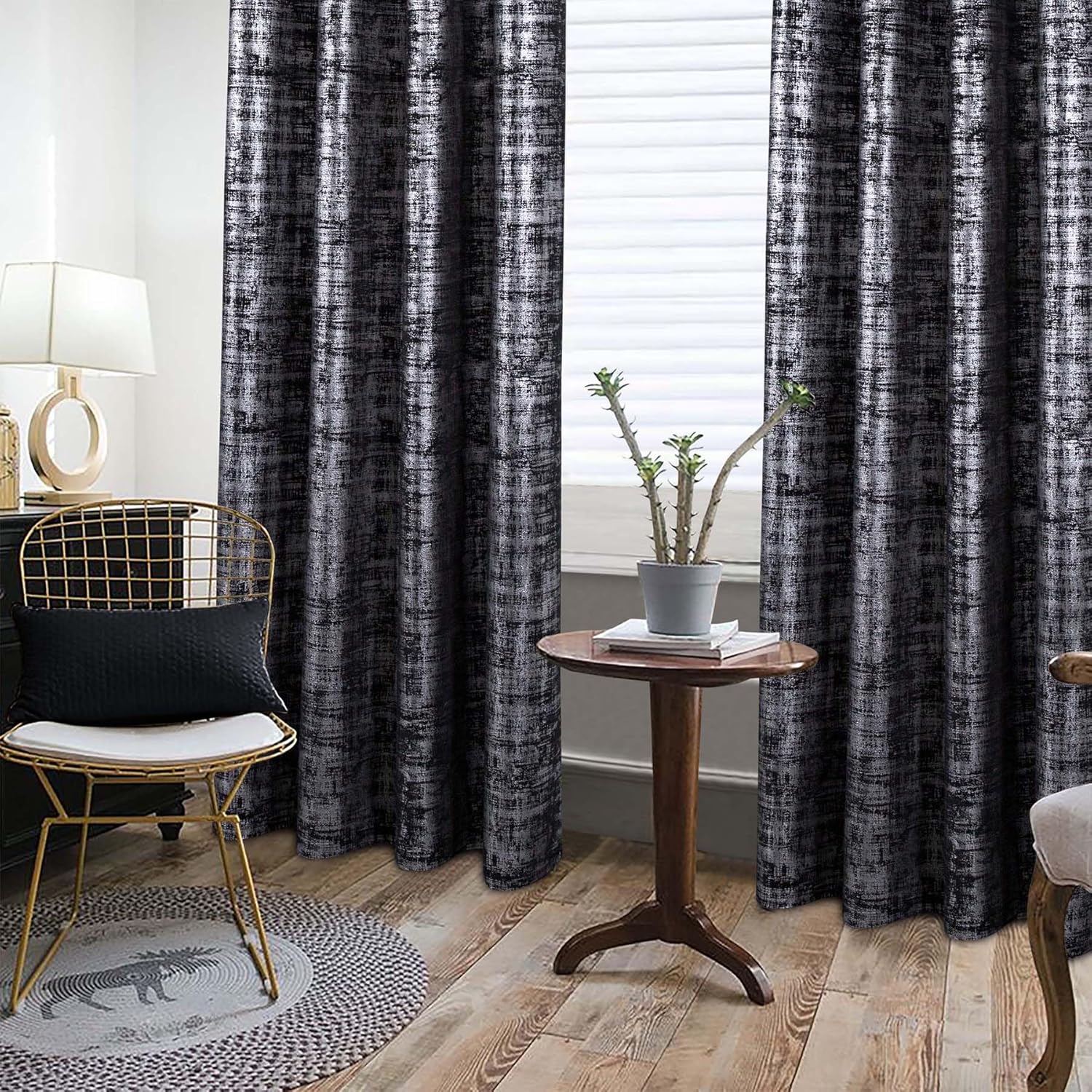 always4u 100% Blackout Without Lining Luxury Soft Velvet Curtains Silver Foil Print 52 * 108 Inch Curtains Thermal Insulated Noise Reducing Drapes for Bedroom Living Room Set of 2 Black