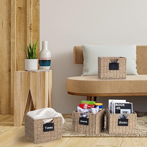 Miniatura 4 de Seagrass Storage Baskets with Labels, 10.5x9x7.5in Wicker Storage Basket, Storage Baskets for Shelves Set of 3, Pantry Baskets Organization,Kitchen