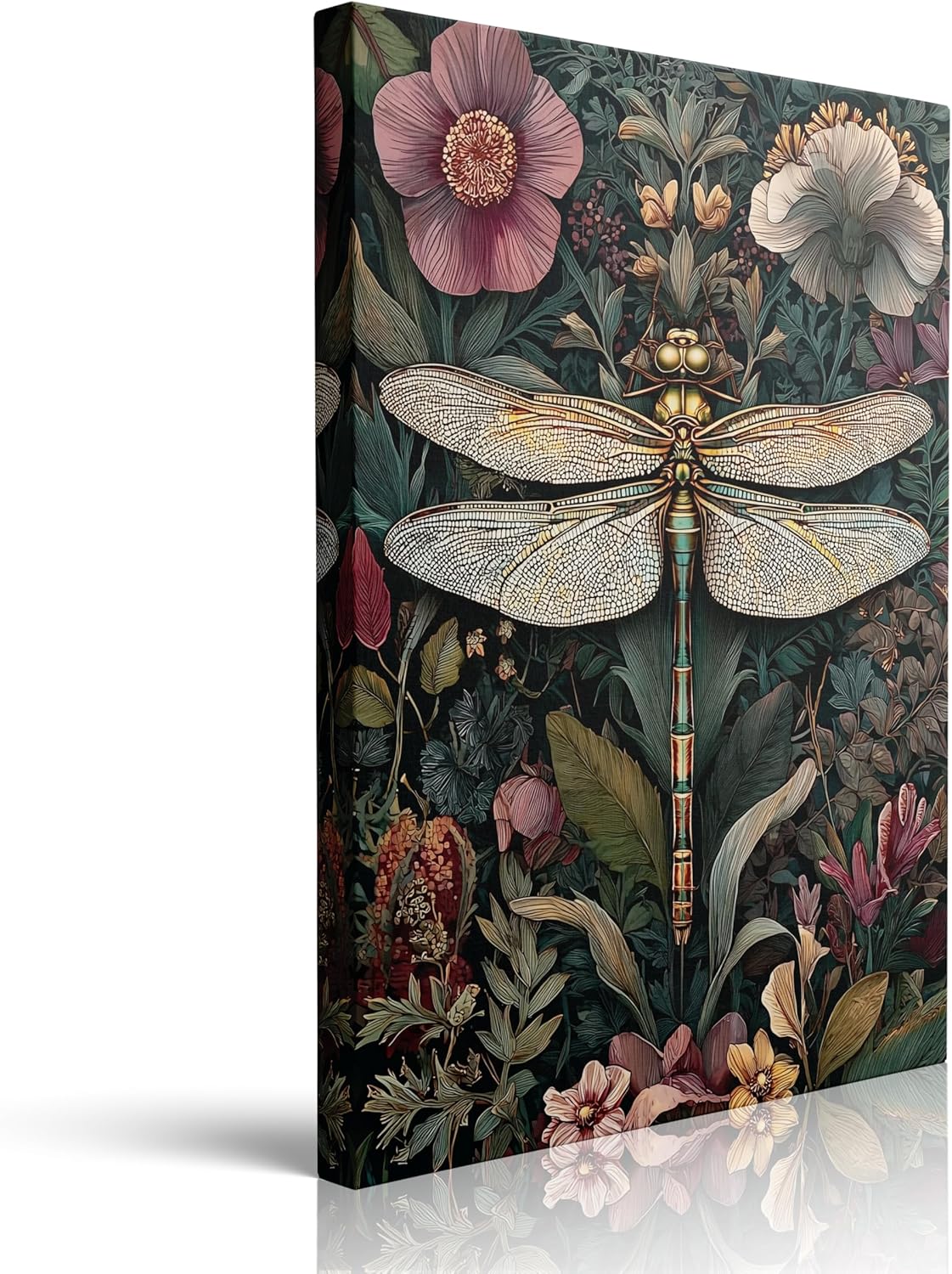 Detailed Dragonfly with Lush Flowers Framed Canvas Wall Art Vintage Botanical Insect Painting Prints Posters Artwork for Gothic Garden Bedroom Study Dark Academia Decor 12x16 Inches