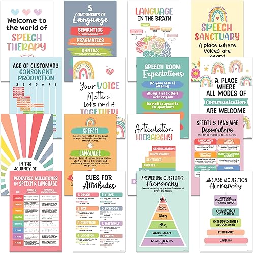 Decorably 16 pósteres de terapia del habla para aula, juego de carteles educativos de terapia del habla laminado mate de 11 x 17 pulgadas, aulas,
