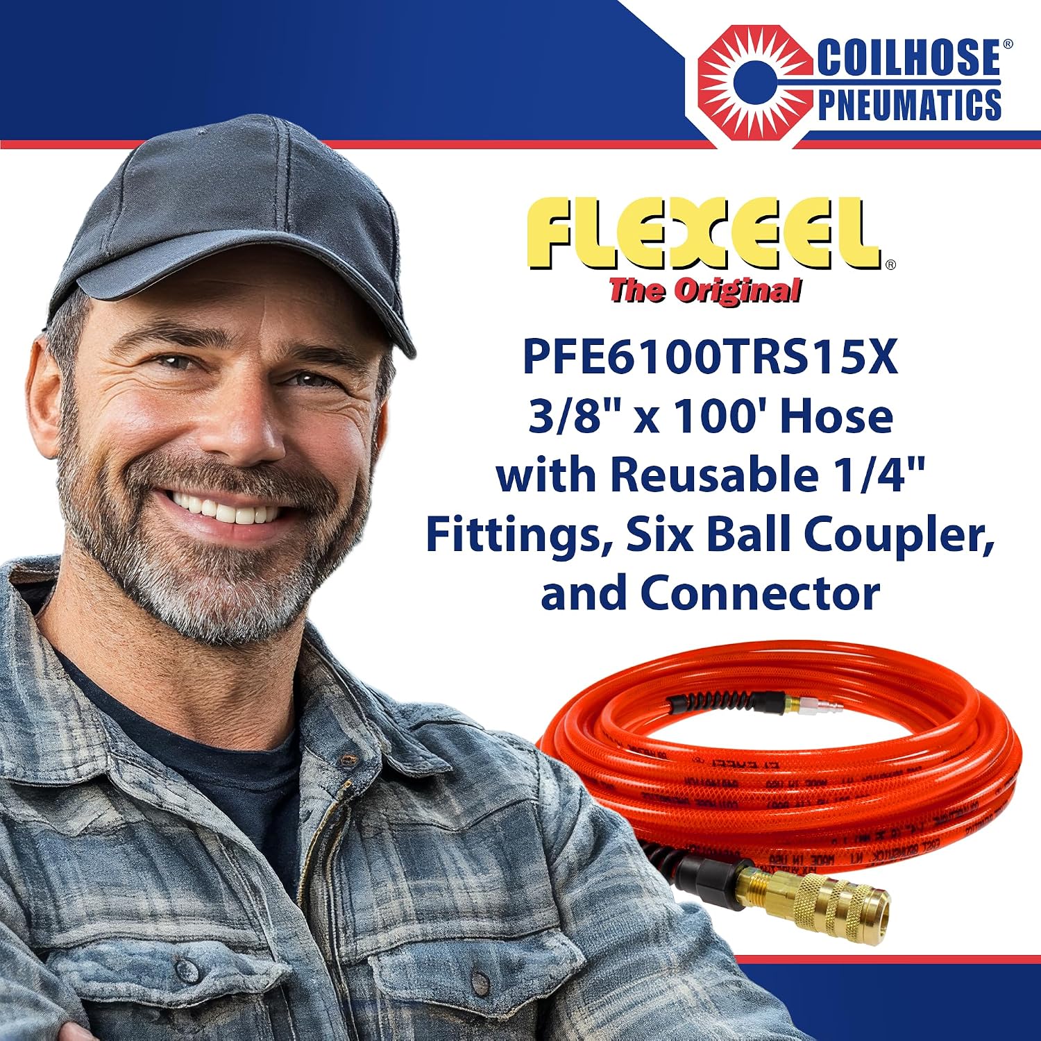 Coilhose Pneumatics PFE6100TRS15X Flexeel Reinforced Polyurethane Air Hose, 3/8" ID, 100' Length with 1/4" Industrial Coupler & Connector