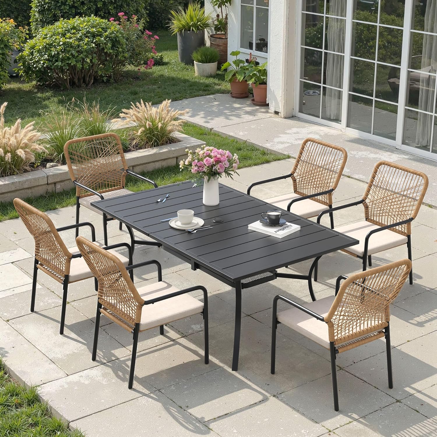 VICLLAX Outdoor Table and Chairs, 7 Pieces Patio Dining Set of Steel Outdoor Table with 6 Stackable Outdoor Chairs, Outdoor Patio Furniture Set for Porch Yard Garden Deck, Black Tabletop