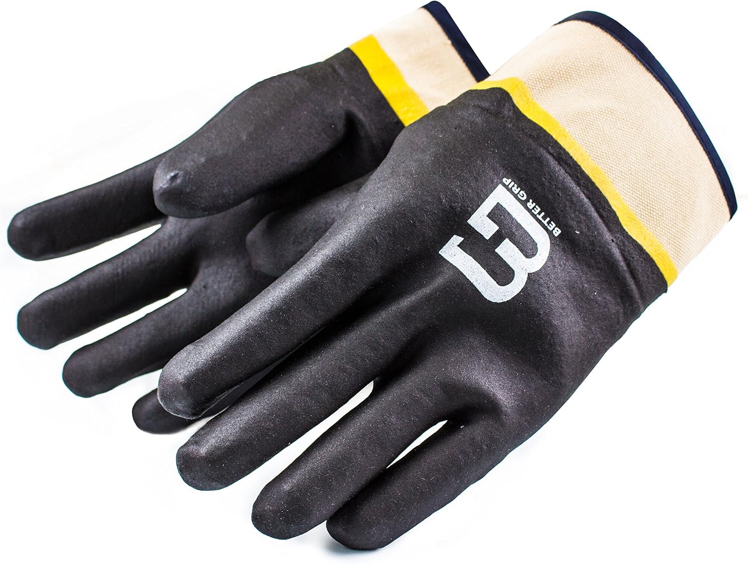 BG105BLK/YEL Heavy Duty Premium Sandy finished PVC Coated-Supported Glove with Safety Cuff, Chemical Resistant, Large, Black (1 Pair)