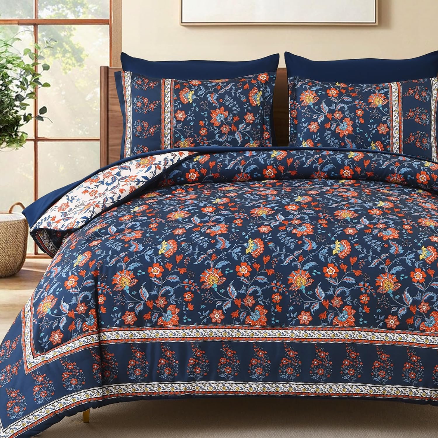 Dinjoy Boho Comforter Set Queen,Navy Bedding Paisley Floral 7 Piece Bed in a Bag Reversible Lightweight Bohemain Comforters with Sheet Sets for All Season