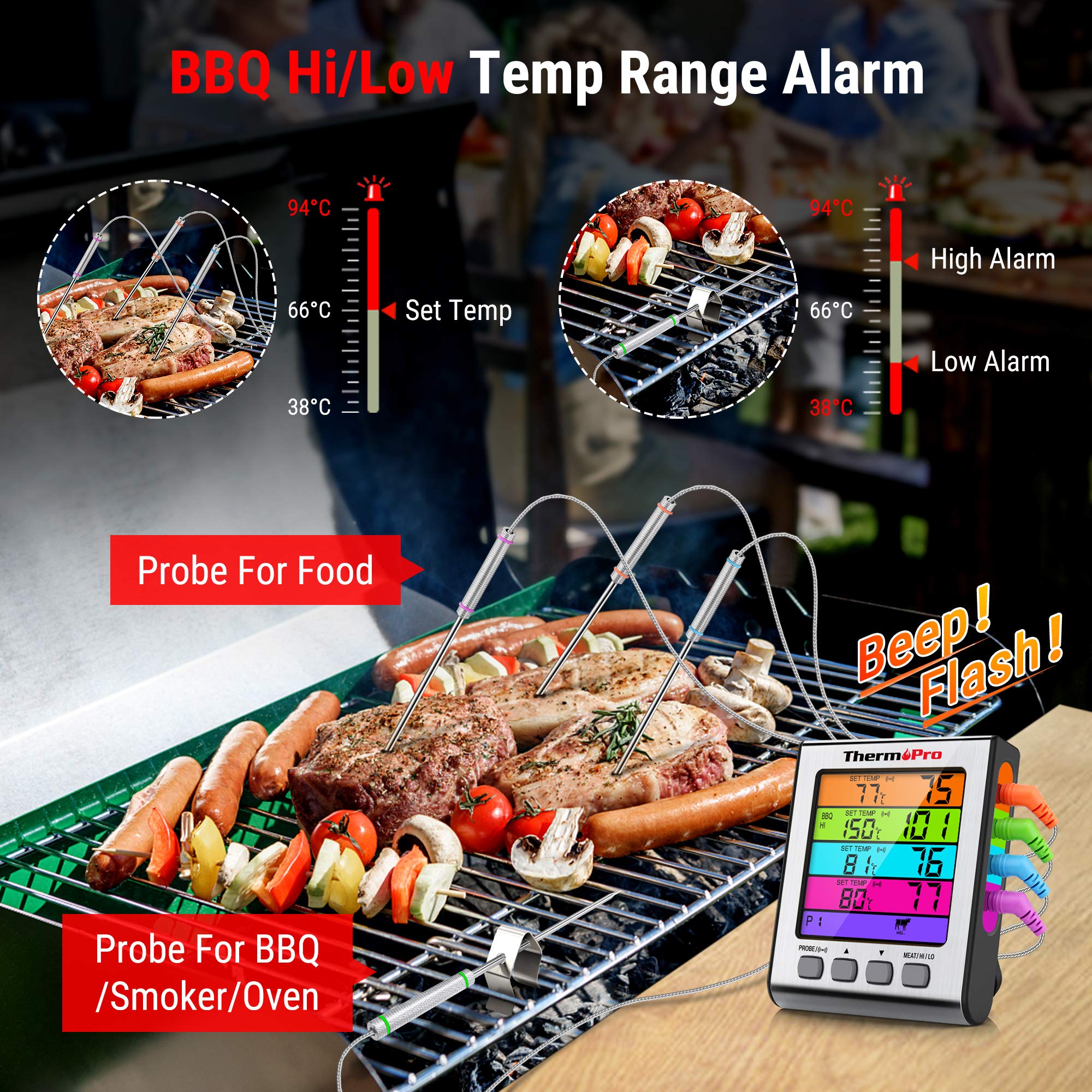 ThermoPro TP17H cyfrowy termometr do mięsa, kuchenny termometr z 4 sondami do pomiaru temperatury, do piekarnika, grilla, gotowania, barbecue, z podświetleniem