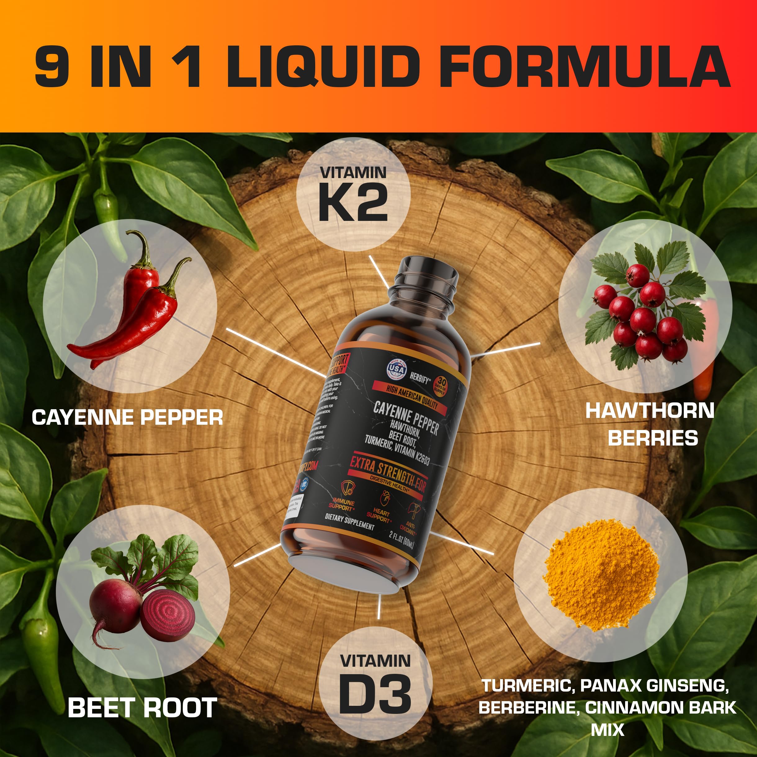 HERBIFY Cayenne Pepper Drops - Immune Support Supplement - Detox & Digestion Support - Cayenne Pepper Hawthorn Beet Root Turmeric Vitamin K2 D3 - Energy Supplements Extract - 2 Fl Oz - Made in USA — Amazon image 2