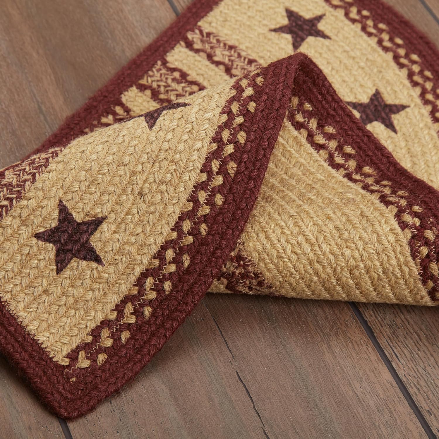 VHC Brands Burgundy Tan Jute Rug Half Circle Stencil Stars w/Pad 16.5x33