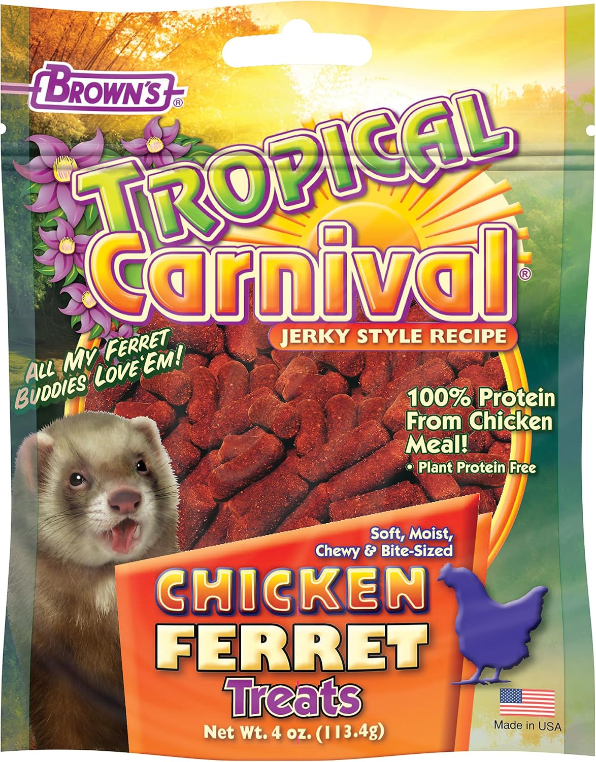 F.M. Brown's Tropical Carnival Chicken Jerky Style Ferret Treats, 4 oz Bag - 100 Percent Protein from Chicken, Vitamin Fortified