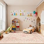 zesthome 8x10 Area Rugs for Girls Bedroom, Non-Slip Backing Washable Rugs, Vintage Large Pink Rug, Stain Resistant Nursery Room Rug (Pink/Blue,8'x10')