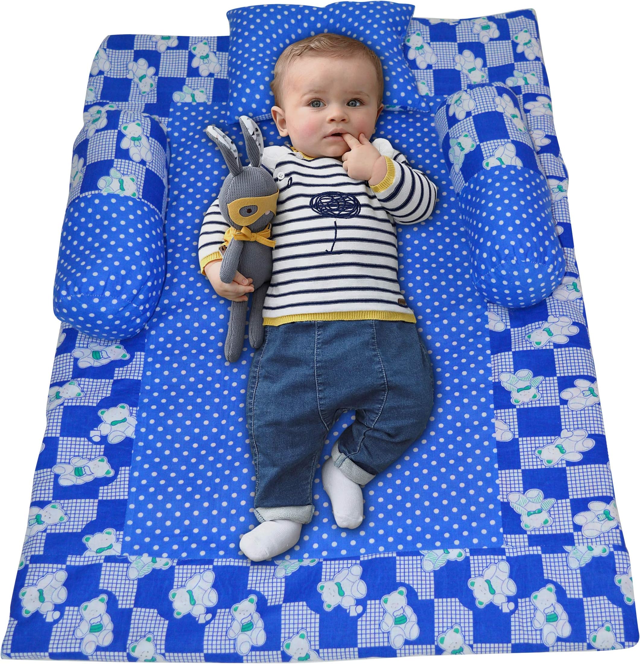 Creative Textiles New Born Baby Bedding Set with Mattresses, Neck Pillow & Two Baby Side Bolster Set,(Ideal for 0 Month to 24 Month) Blue,100X70cm