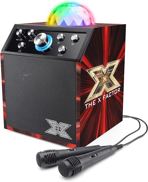 The X Factor TY6085A Kids Karaoke Machine and Disco Cube Speaker, Portable with Bluetooth, 2 Microphones, LED Lights and Echo, Black
