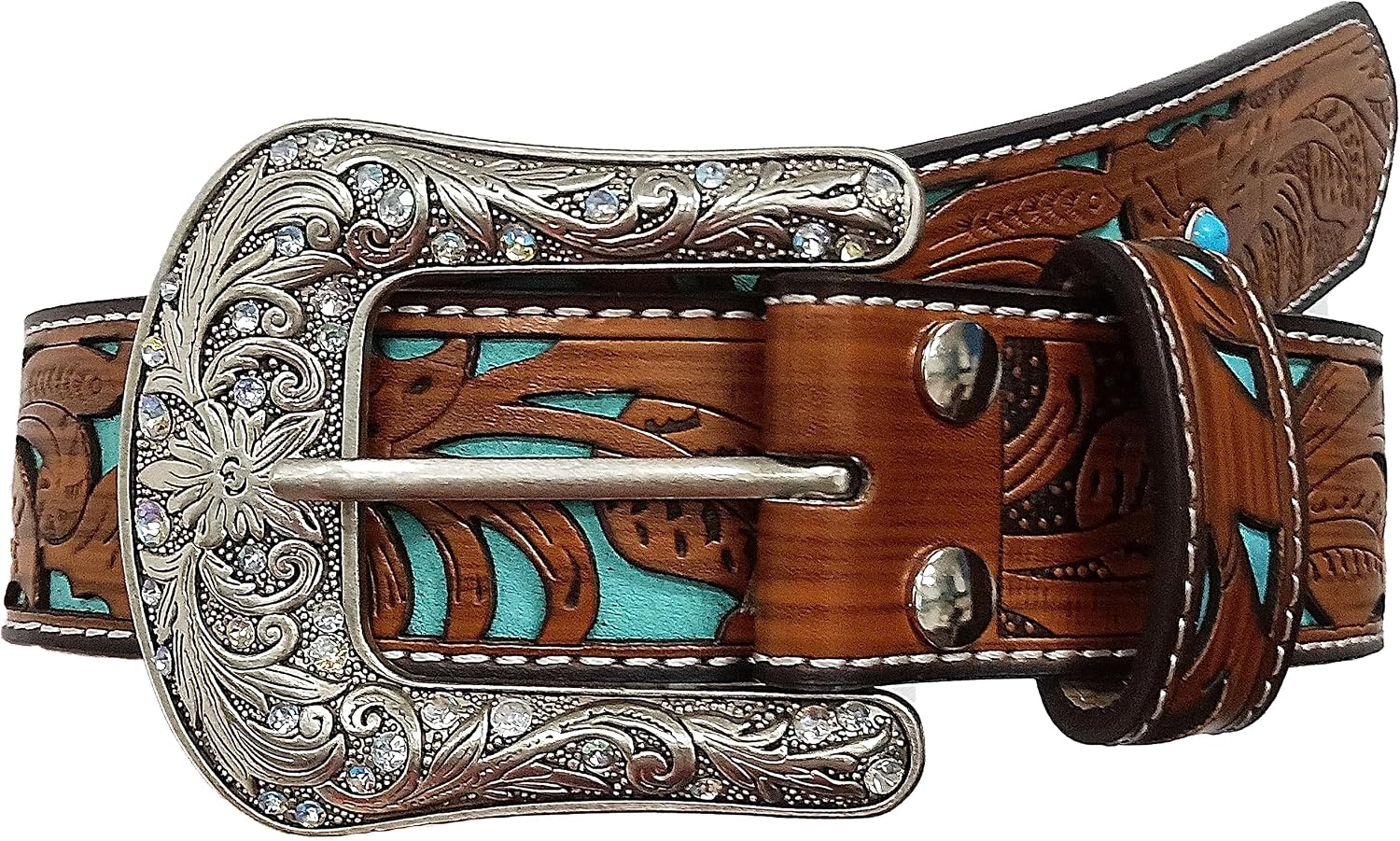 Western-Belts for Women, Men-Belt with Rhinestone Buckle-Belts, Turquoise Carved Pattern Western-Belts