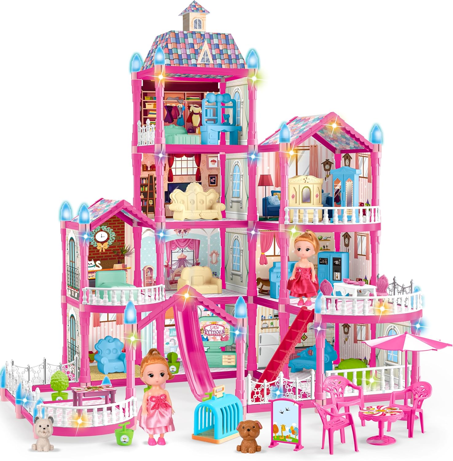 OCTERIC Doll House for Girls ,10 Rooms Pink Doll House with 2 Dolls, Lights, Puppies ,Furnitures, Accessories, Toddler Playhouse Gift for for 3 4 5 6 7 8 9 10 Year Old Girls Toys