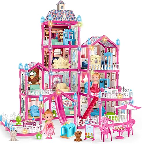 Casa de Muñecas para Niñas, Casa de Muñecas Rosa de 10 Habitaciones con 2 Muñecas, Luces, Cachorros, Muebles, Accesorios, Casa de Juegos para Niños