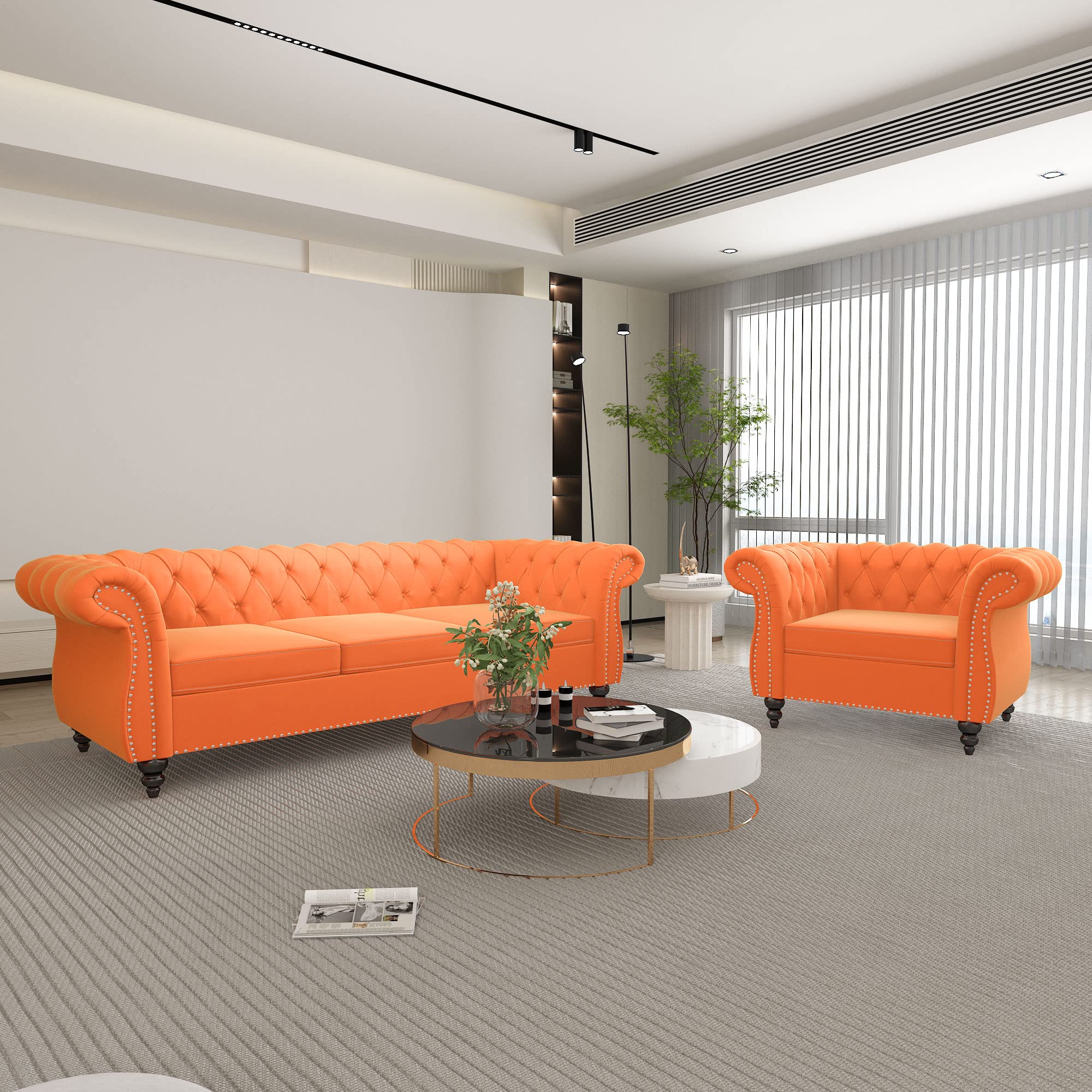 ORRD 2 Piece Living Room Set, Velvet Chesterfield Sofa Couch Chair with Scroll Arms and Nailhead for Living Room, Office (Orange)