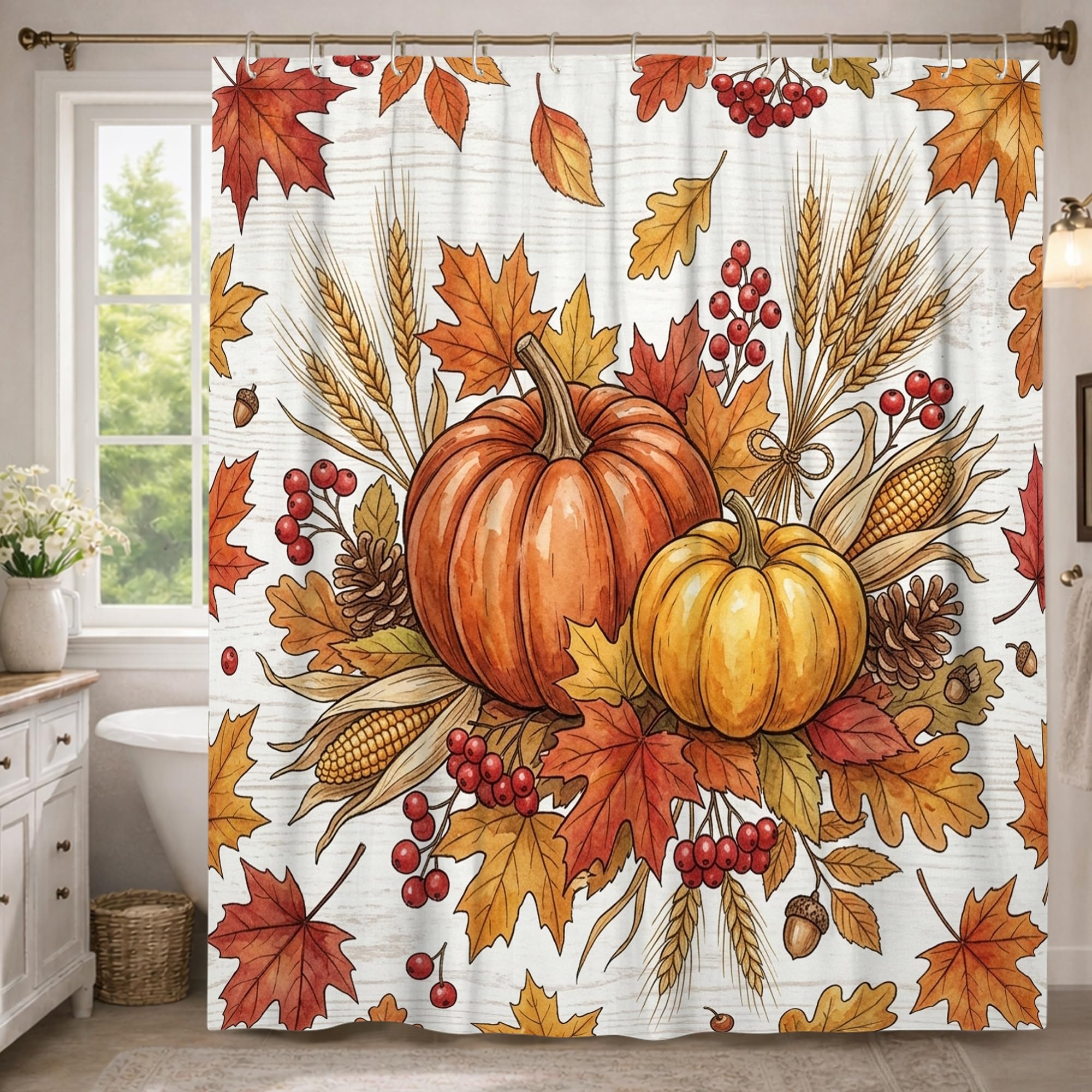 Rideau de douche extra long orange 183x243 cm motif citrouilles pour salle de bain