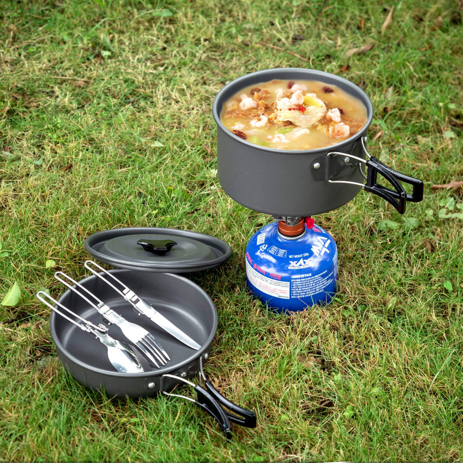 Odoland Geschirr-Set für 1-2 Personen, Kochset mit tragbarem Aluminiumtopf Teekessel Tassen faltbares Besteck, für Camping Outdoor Picknick Wandern