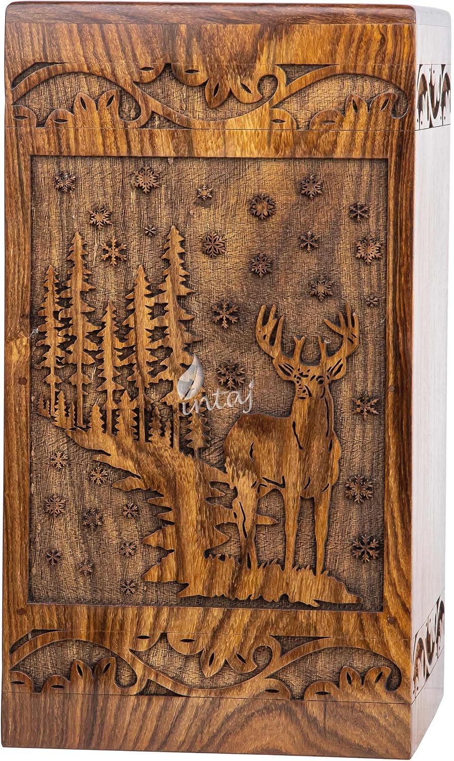 INTAJ Wooden Cremation Urn for Human Ashes, Adult Deer Rosewood Pet Urns for Dogs Ashes, Deer Carved Funeral Urn Hand-Crafted (Small - 8Hx4.75W (115 Cu/in), Custom Rosewood)