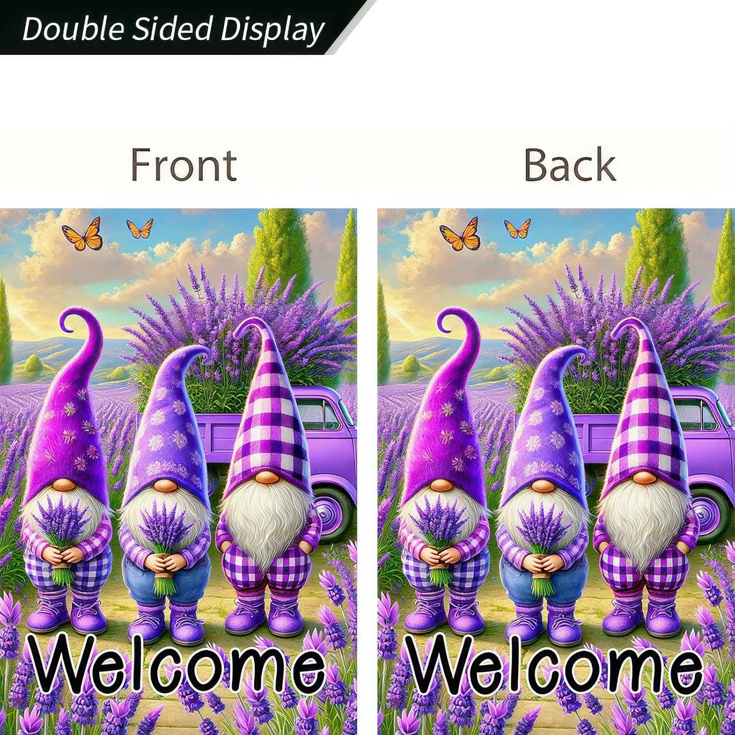 Welcome Garden Flag Spring Summer Garden Flag 12x18 Inch Double Sided Flags Purple Gnome Lavender Farmhouse Rustic Yard Lawn Porch Outdoor Decor Banner - Image 6