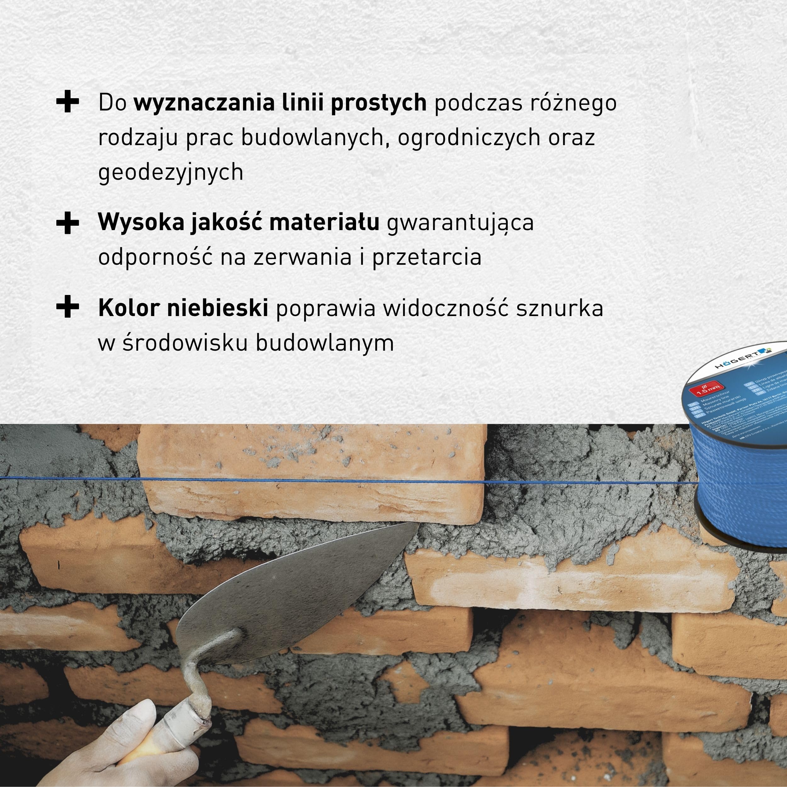 HÖGERT TECHNIK - Sznurek murowy, sznur budowlany, sznur do bruku, sznur poziomujący, odporny na rozerwanie i wytrzymały, długość 100 m, Ø 1,5 mm, lekko widoczny niebieski kolor