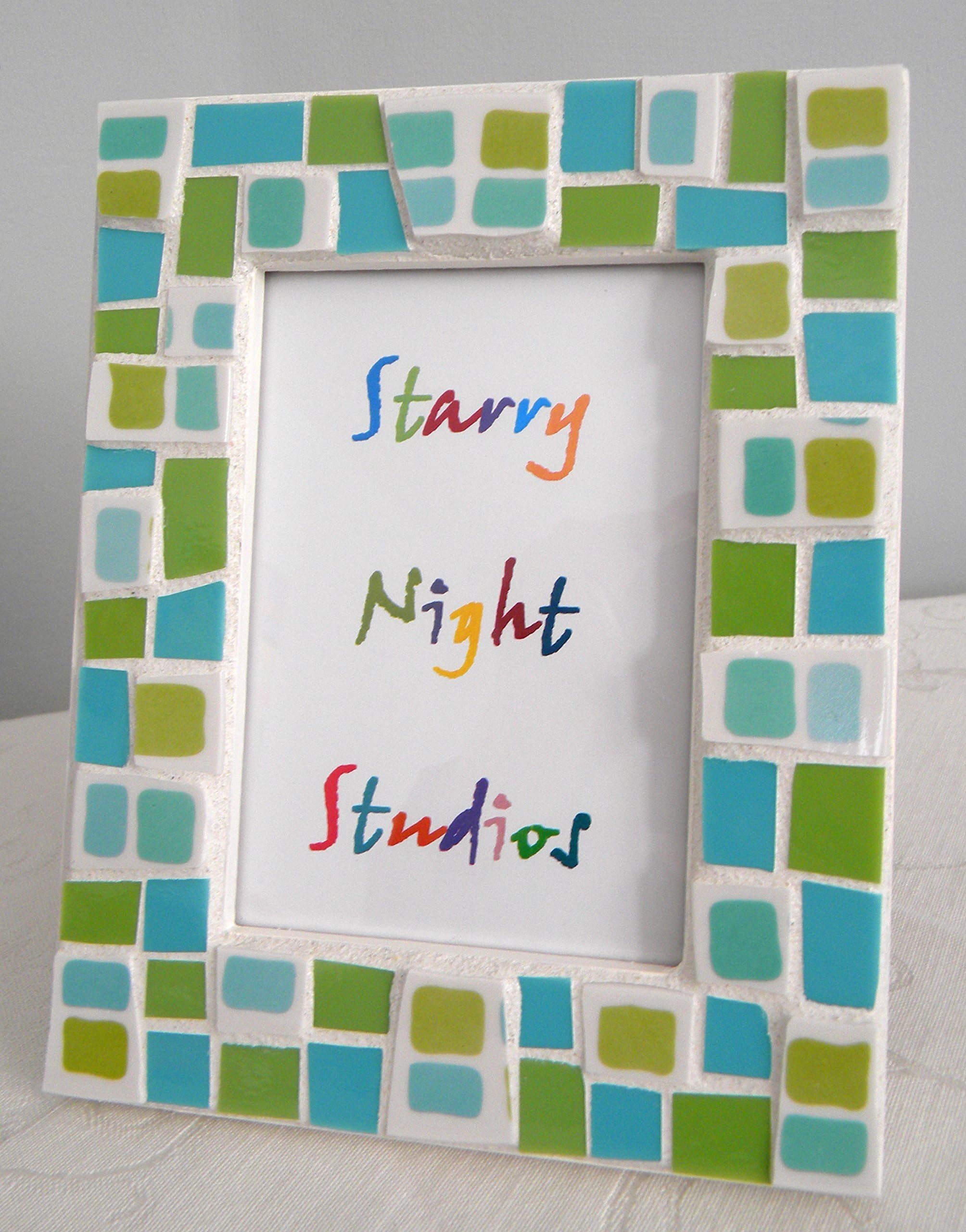 Mosaic Picture Frame - Lime Green and Turquoise Stained Glass and Broken China