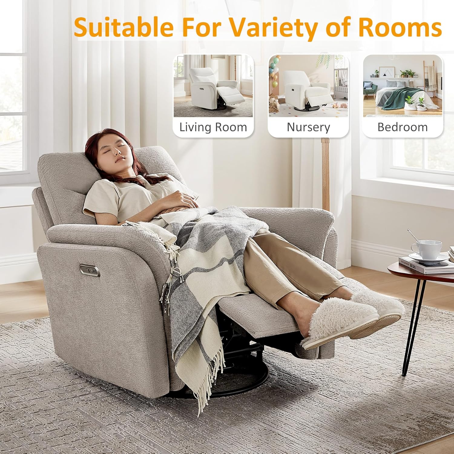 VANOMi Power Recliner Chair Swivel Glider, Electric Rocking Recliner Chairs with USB and Type-C Ports, Nursery Chair Recliner for Living Room, Bedroom, Apartment（Camel）