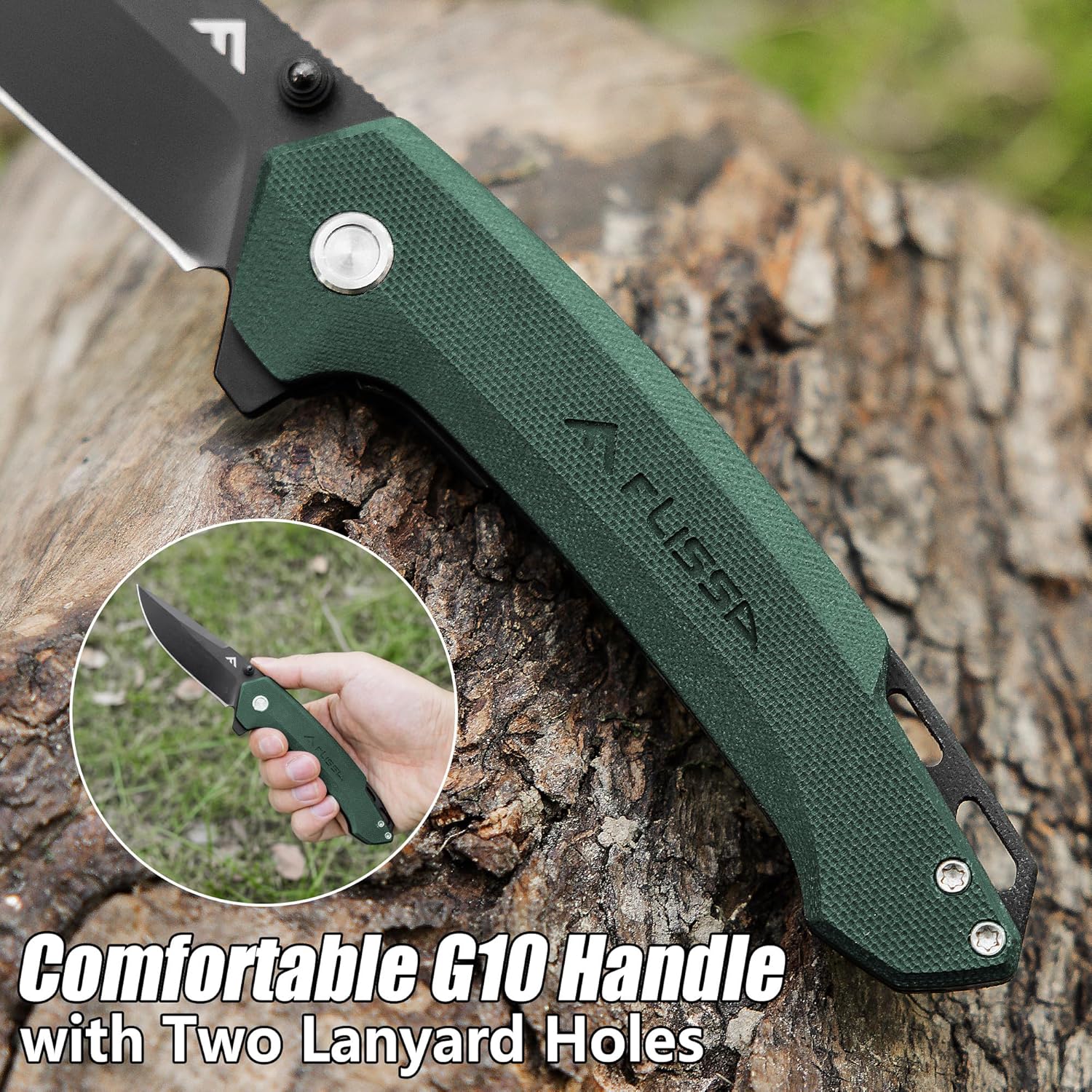 FLISSA Pocket Folding Knife, 3.2” D2 Blade G10 Handle EDC Knife with Pocket Clip Liner Lock for Hunting, Camping, Survival, Outdoor Activities(Green) (Pack of 2)