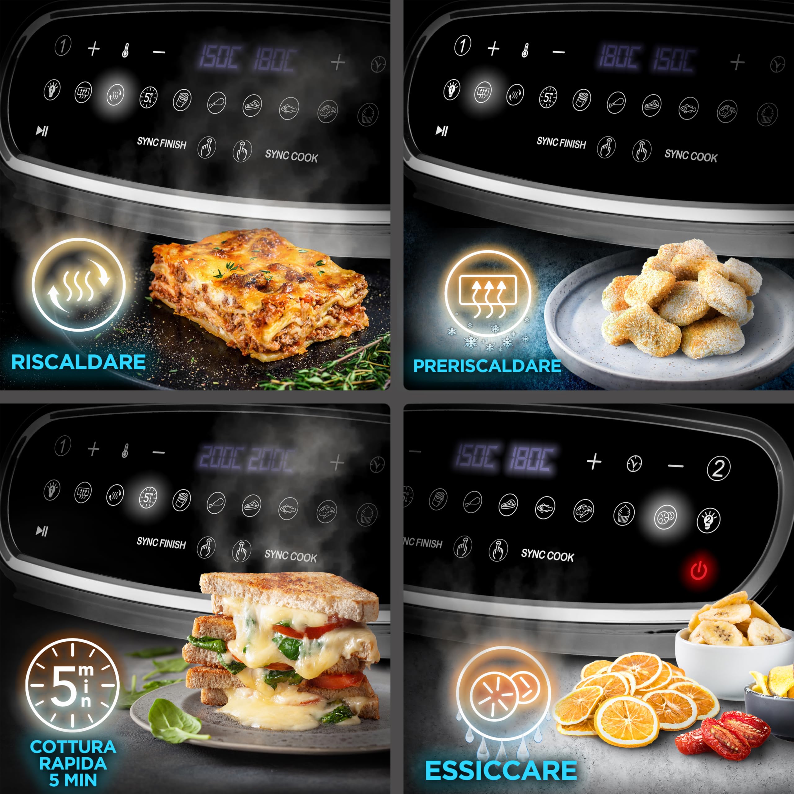 Duronic AF34 BK Friggitrice ad Aria XXL, Air Fryer 2400W, Fornetto elettrico 2 cestelli e 1 cestello grande, Friggitrice senza olio, Friggitrice ad aria calda, Cottura sincronizzata, Pollo, patate