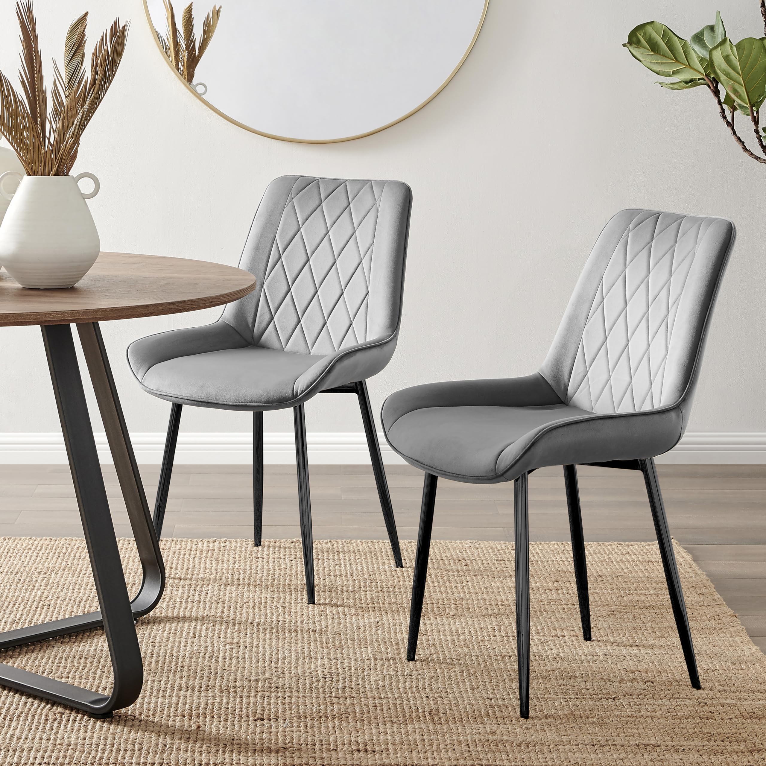 Furniturebox UK 2x Pesaro Velvet Black Metal Leg Modern Contemporary Luxury Dining Kitchen Chairs Set (2x Grey Pesaro Black Chairs) — image 1