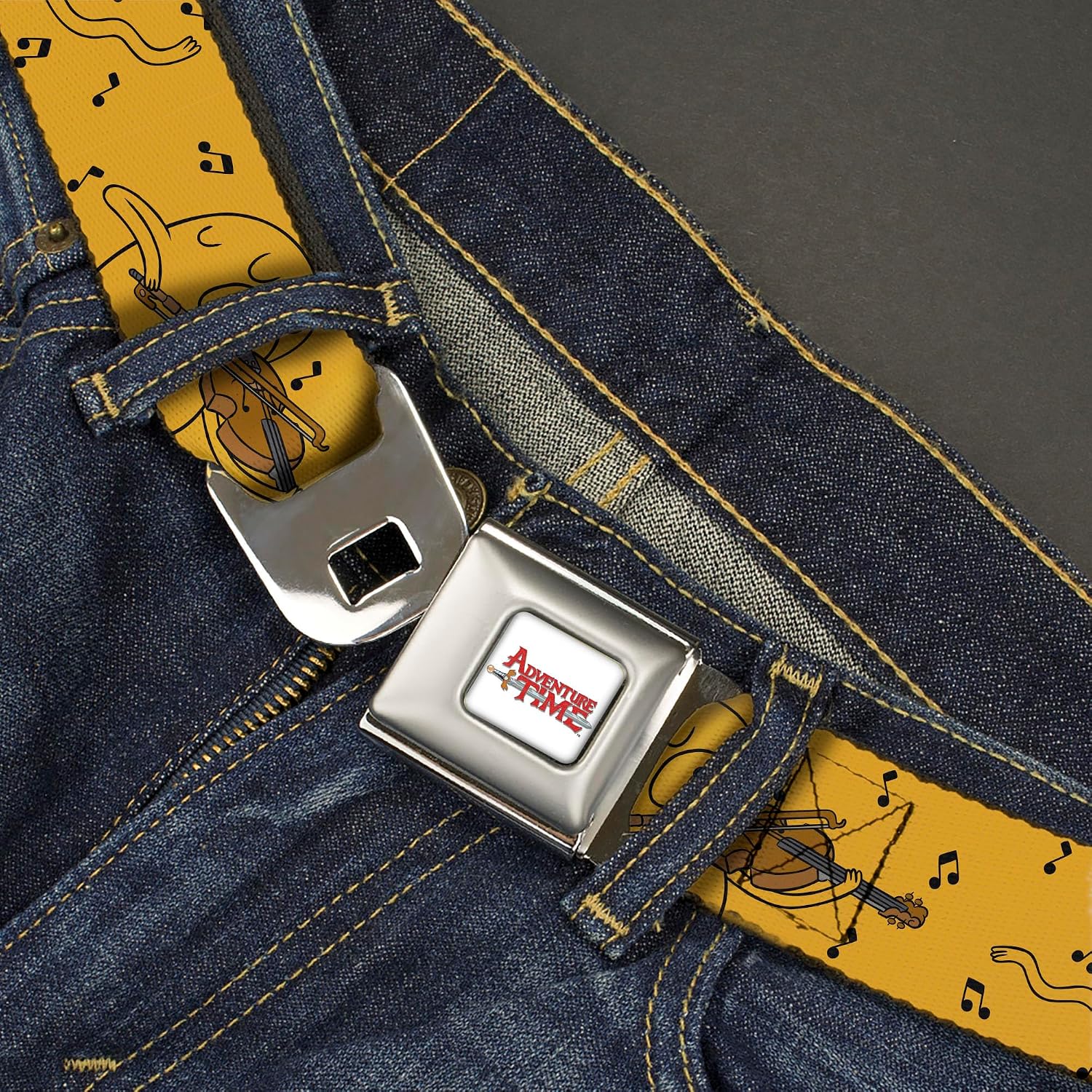 Cartoon Network Belt, Seatbelt Buckle Belt, Adventure Time Jake Dancing and Violin Poses Yellow, Adjustable