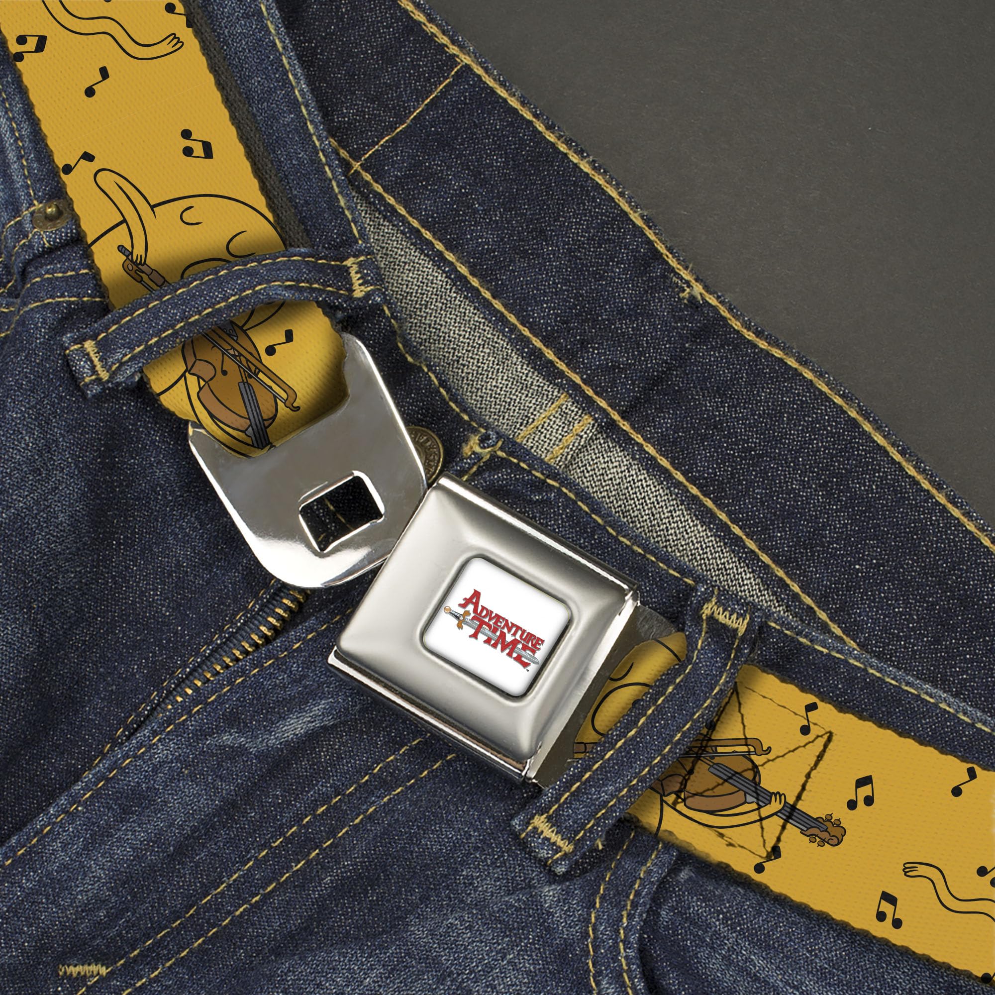 Cartoon Network Belt, Seatbelt Buckle Belt, Adventure Time Jake Dancing and Violin Poses Yellow, Youth 20 to 36 Inches