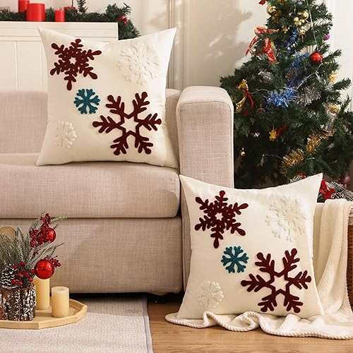 Miniatura 5 de Tosleo Juego de 2 fundas de almohada de copo de nieve de Navidad de 18 x 18 pulgadas, juego de 2 fundas de almohada de copo de nieve rojo y blanco,