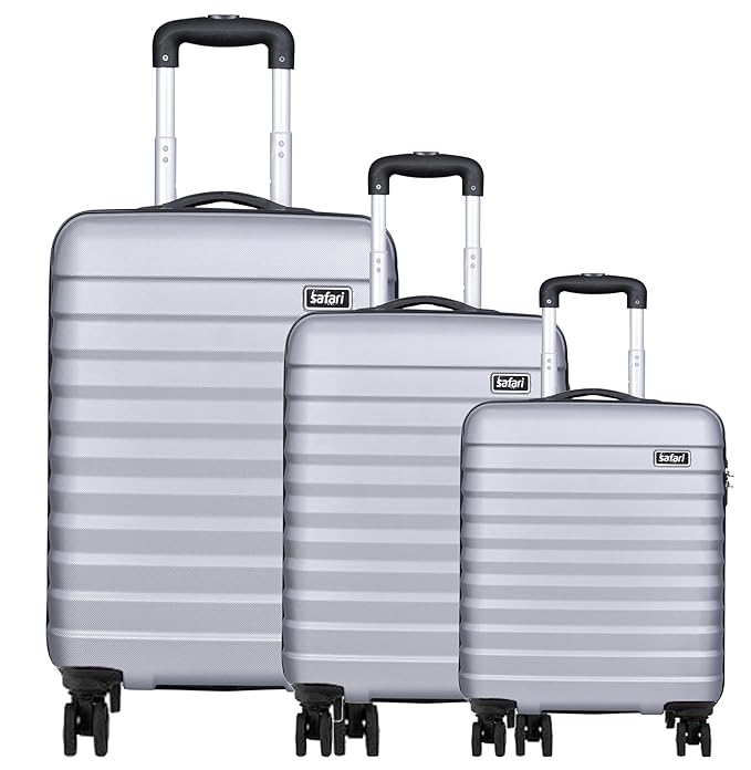 Safari Sonic Hard-Sided Polycarbonate 8 Wheel Luggage Set Of 3 Speed_Wheel Trolley Bags (55 & 65 & 77 Cm) (Silver)