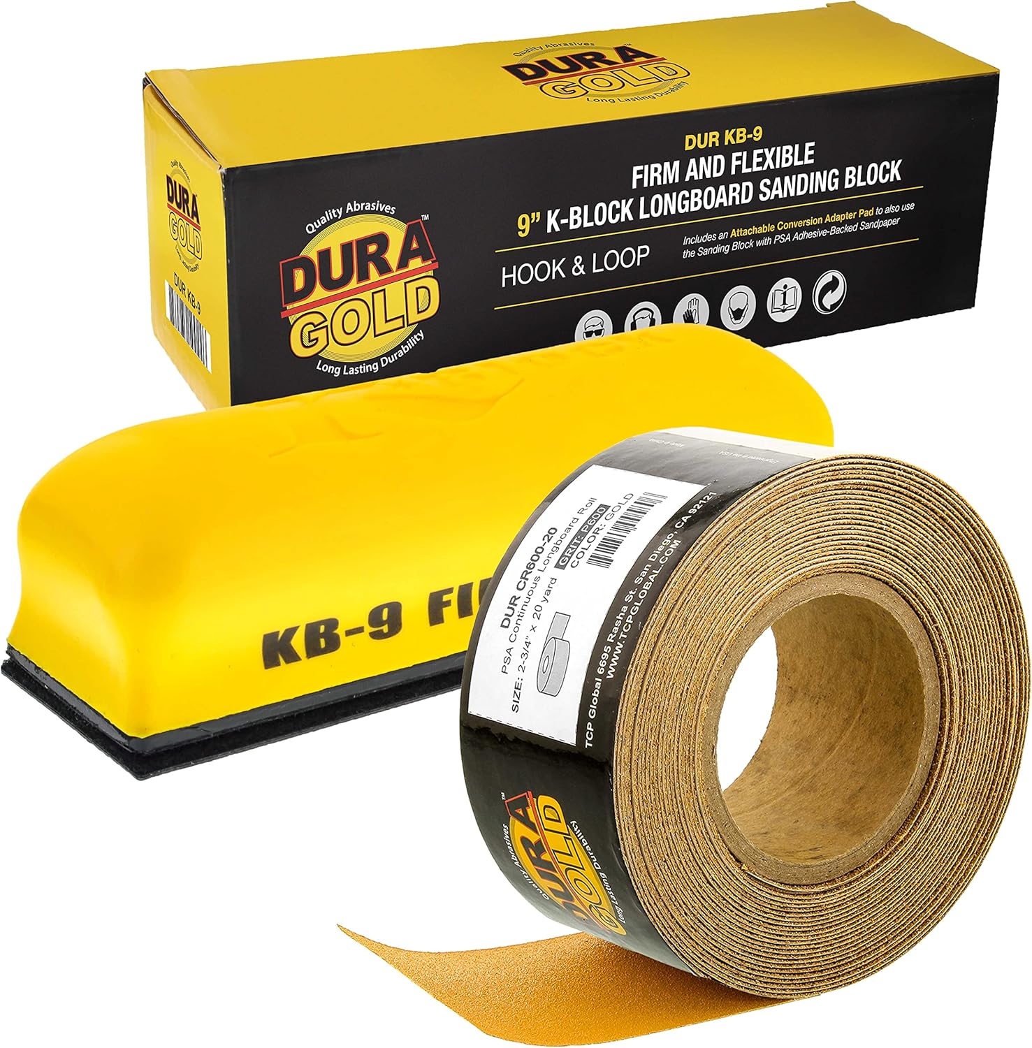 Dura-Gold Pro Series 9" K-Block Sander Firm & Flex Hand Sanding Block Pad with Hook & Loop Backing and PSA Adapter Pad & 600 Grit PSA Longboard Sandpaper 20 Yard Roll, 2-3/4" Wide