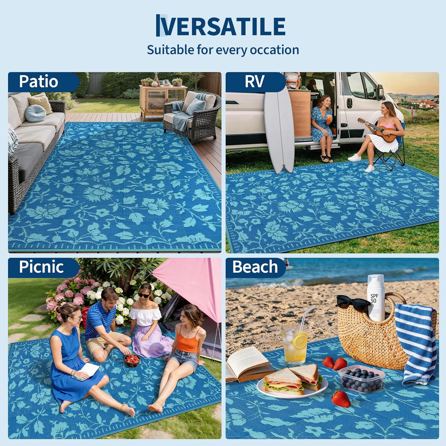 Outdoor Rug 5x8 Waterproof Patio Rugs 风格 Reversible Mat for Front Door Rv Floral Print Foldable Plastic Straw Carpet for Travel Trailers, Deck, Porch, Camper, Balcony, Beach，Green Blue