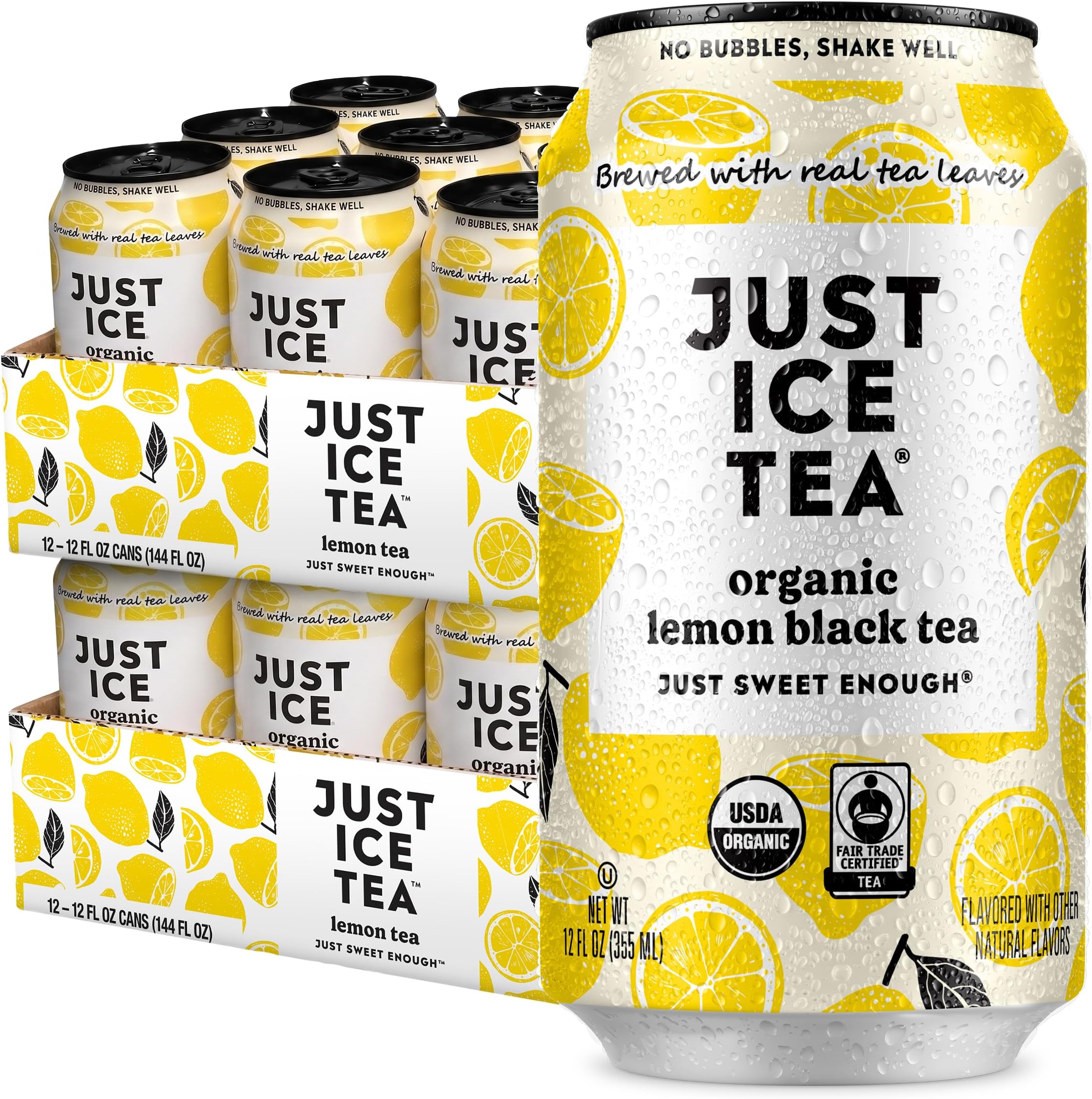 Just Ice Tea, Organic Lemon Black Iced Tea, 24-Pack (12oz Cans) | Brewed With Real Tea Leaves, Low Calorie, No Artificial Sweeteners, Fair Trade, USDA Certified Organic, Made in USA.