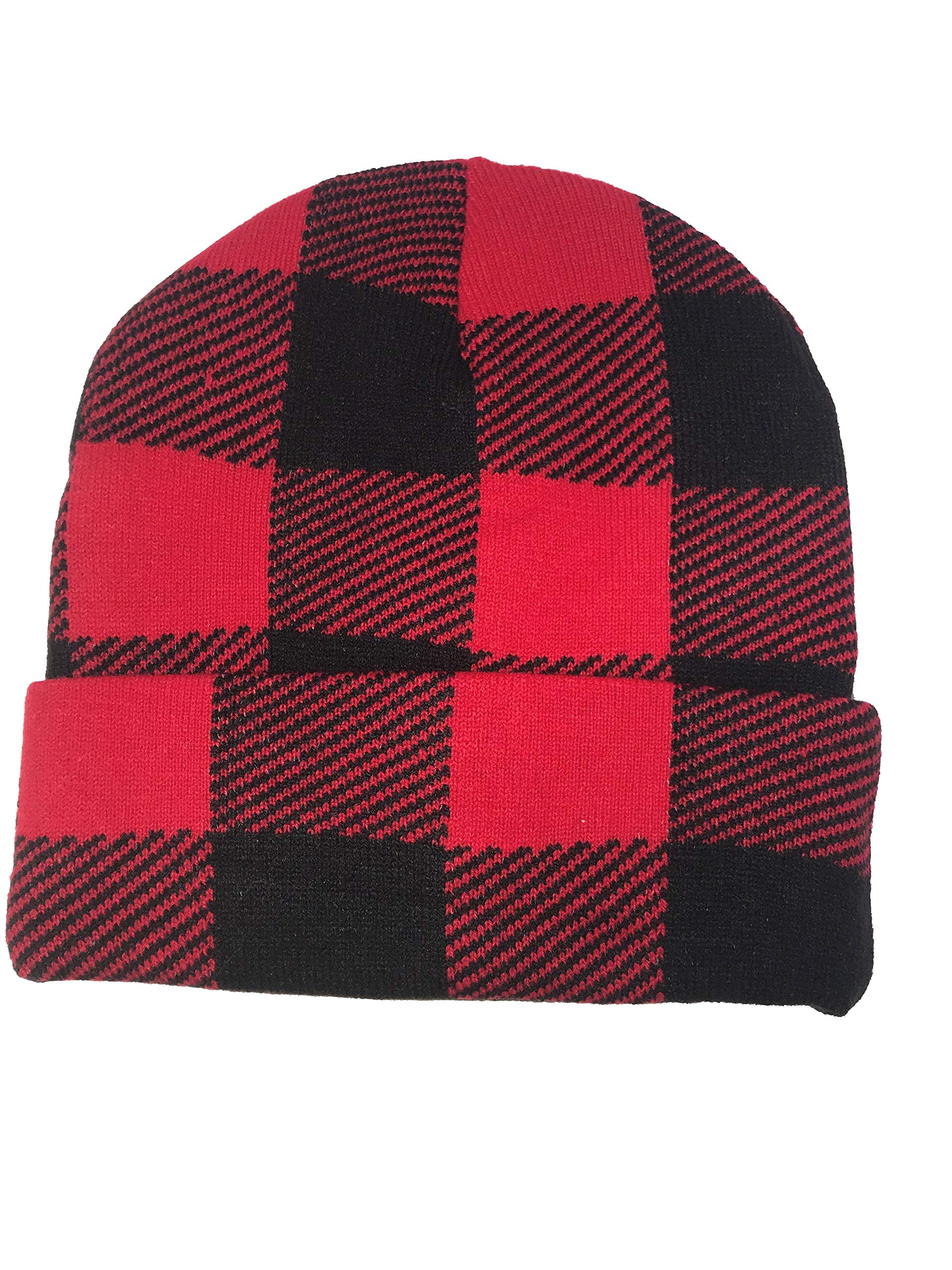 Red Black Buffalo Plaid Flannel Look Cuffed Long Winter Watch Stocking Cap Hat