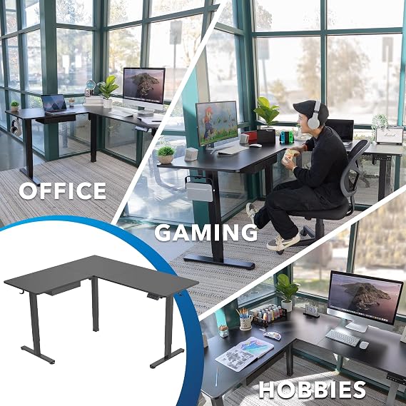 Mount-It! L Shaped Electric Standing Desk - Large Dual Motor Corner Height Adjustable Sit Stand Workstation Height Range 28.3-46.5, 3 Memory Settings, Steel Legs, Black Steel Frame, Black Tabletop