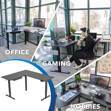 Mount-It! L Shaped Electric Standing Desk - Large Dual Motor Corner Height Adjustable Sit Stand Workstation Height Range 28.3-46.5, 3 Memory Settings, Steel Legs, Black Steel Frame, Black Tabletop