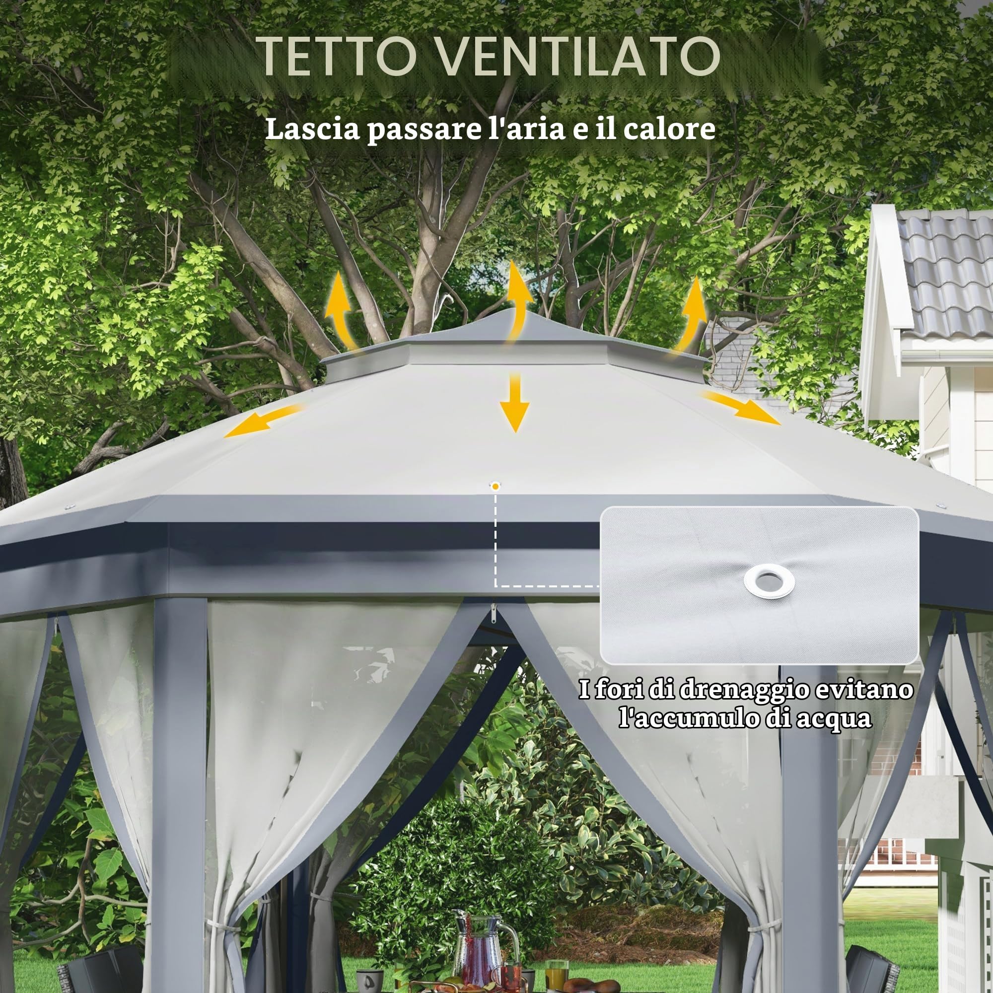 Outsunny 3 x 4m Gazebo da giardino esagonale a montaggio rapido, Grigio