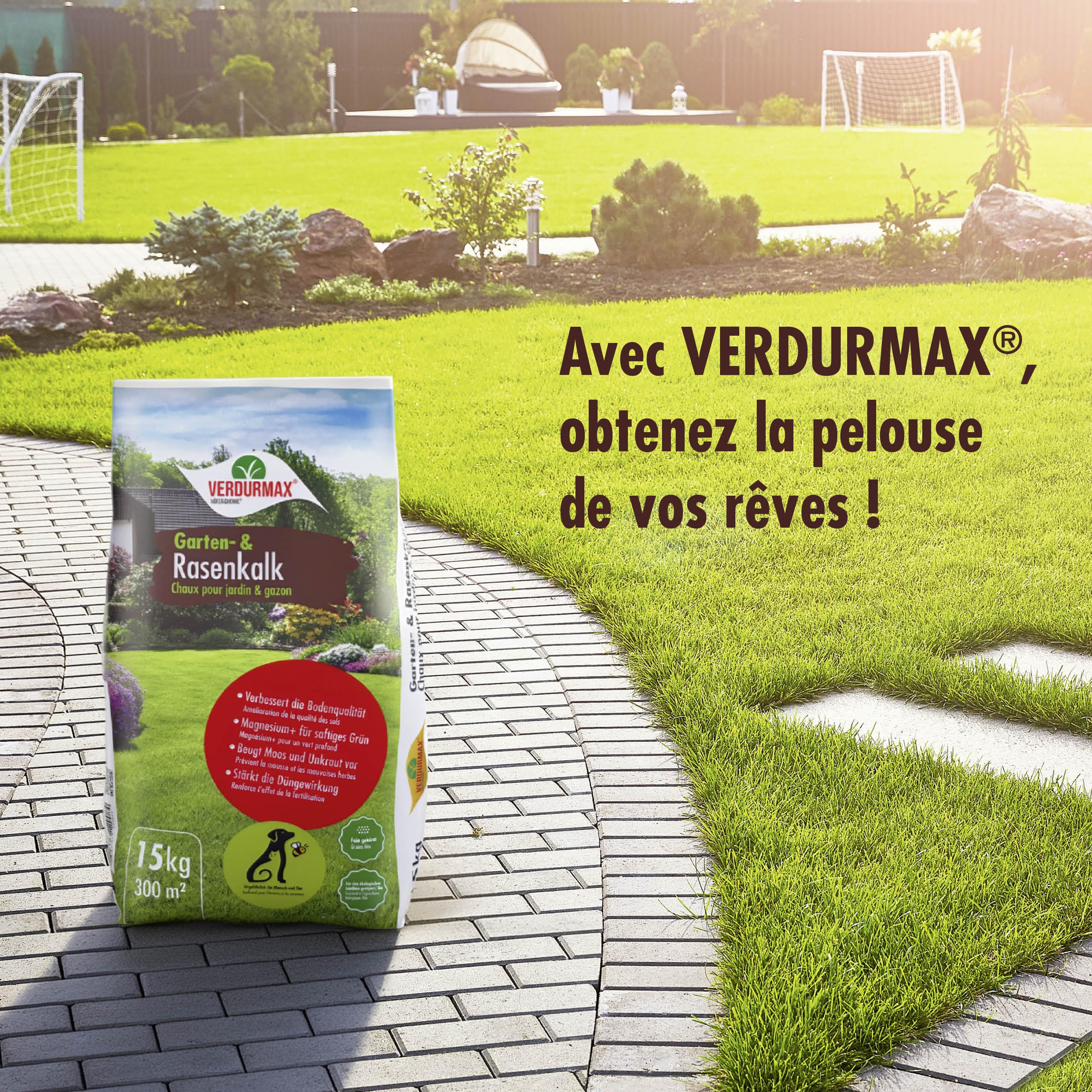 Verdurmax 15 kg de chaux pour jardin et pelouse - Optimisation du pH - Amendement calcaire avec magnésium pour un vert intense - Améliore l’absorption des nutriments par l’herbe et les plantes