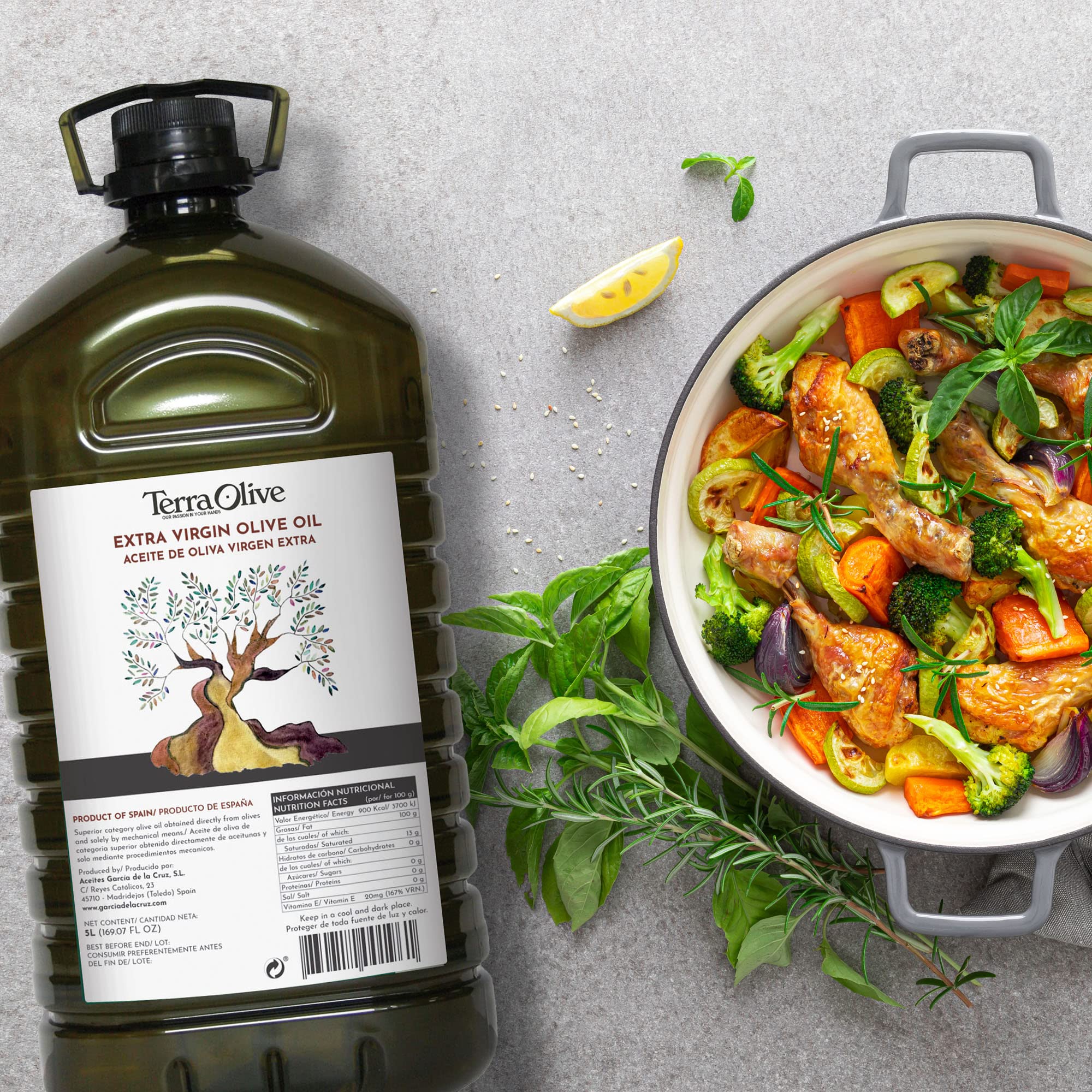 TERRAOLIVE - Huile d'olive vierge extra, Huile de cuisson, Variété d'olive, Corps doux, Provenance Espagne, Montes de Toledo, Récipient PET recyclé - 5L